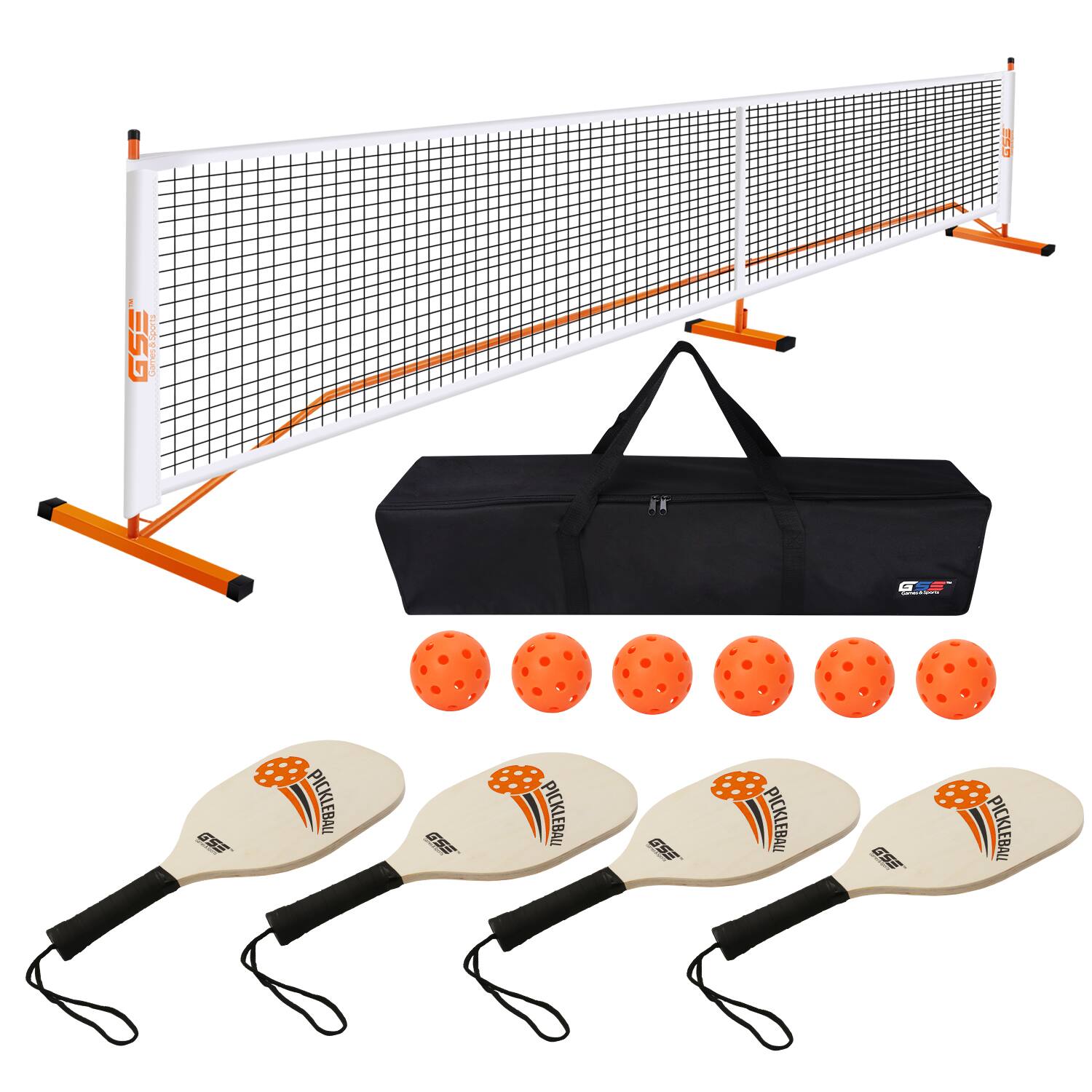 GSE Games & Sports Expert - Pickleball Complete Net Set with Pickleball Net, 4 Pickleball Paddles, 6 Pickleballs, Carrying Bag - Orange