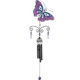 FC Design - 32" Long Pink Butterfly Wind Chime with Black Gem Outdoor Patio or Garden Hanging Decoration - Multi-Color