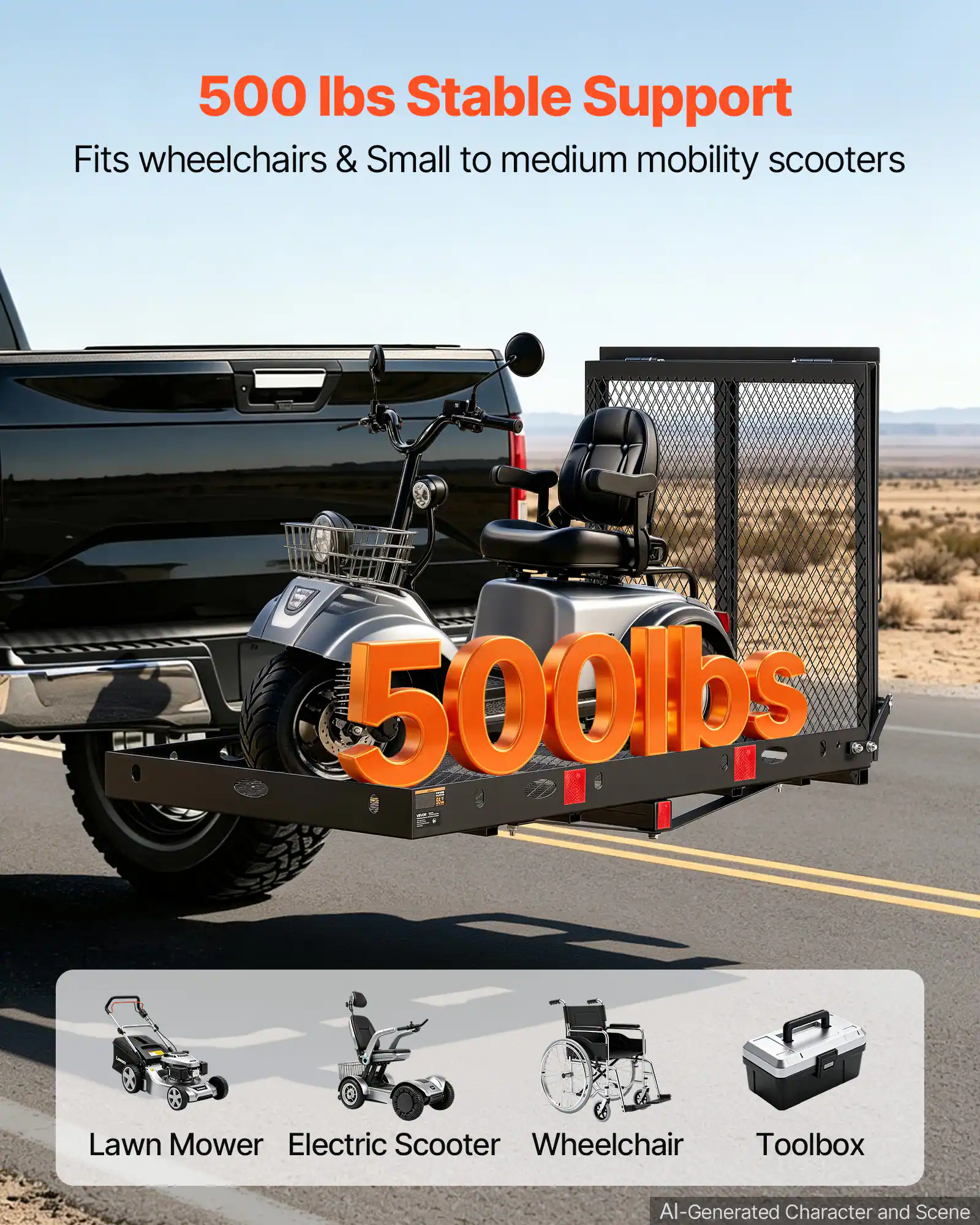 500 lbs Stable Support  
Fits wheelchairs & Small to medium mobility scooters  

500 lbs  

Lawn Mower  
Electric Scooter  
Wheelchair  
Toolbox  

AI-Generated Character and Scene