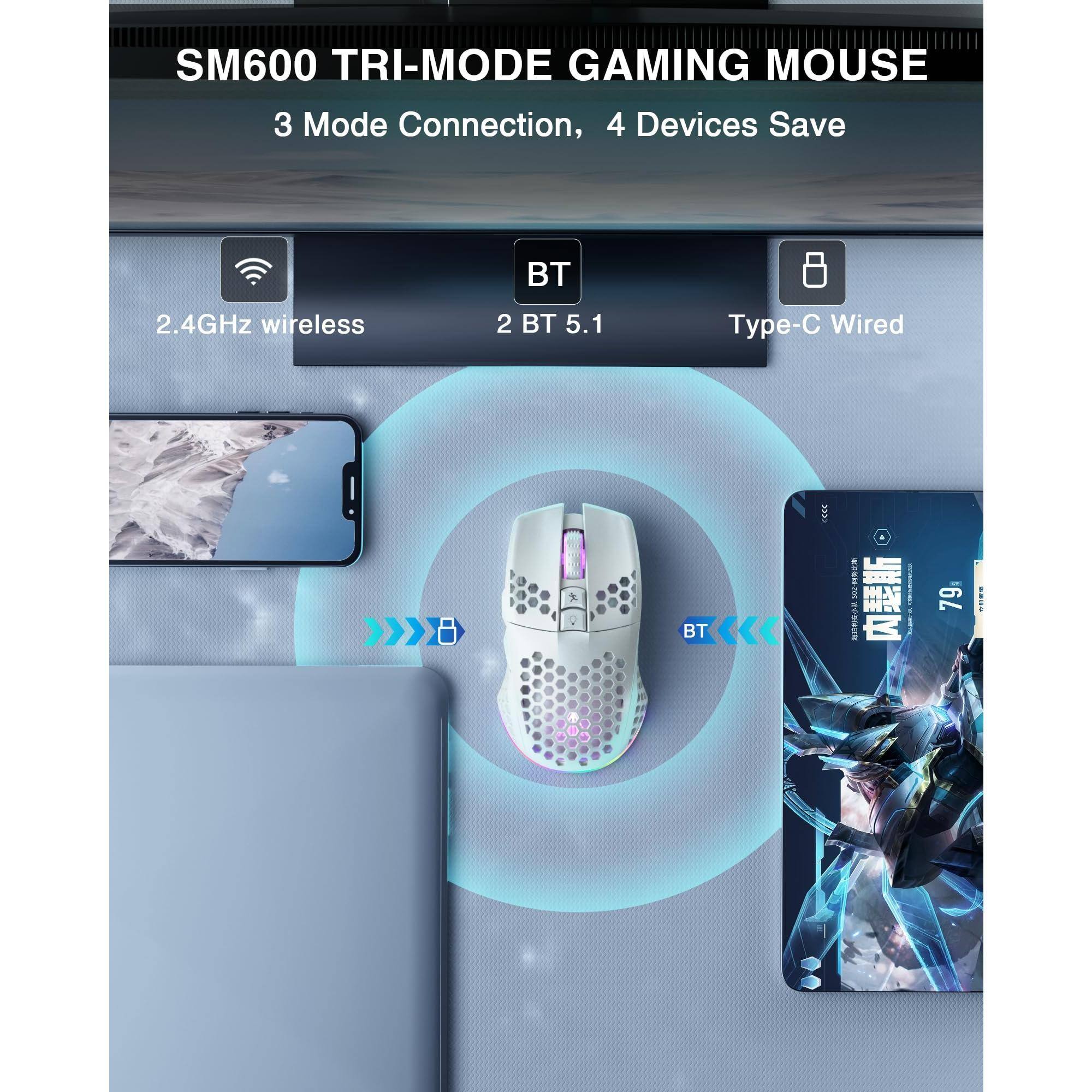 SM600 TRI-MODE GAMING MOUSE

3 Mode Connection, 4 Devices Save

- 2.4GHz wireless
- 2 BT 5.1
- Type-C Wired