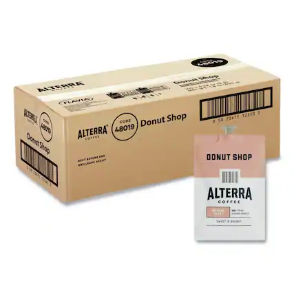 45010 G6SE Shop Donut W2 L% CGA S% 17 ALTERRA 1 038 1 T WT FLAVIA /// 2 ALTERRUX Shop 12263 50 23471 COTEL CODE CODE Donut 0 48019 ALTERRA 48019 Donut COFFEE Shop END DONUT SHOP BEST BEFORE AVANT MEILLEURE O 50 23471 12261 2 ALTERRA COFFEE MEDIUM ROAST - FRESH GROUND ARABICA SWEET & BRIGHT