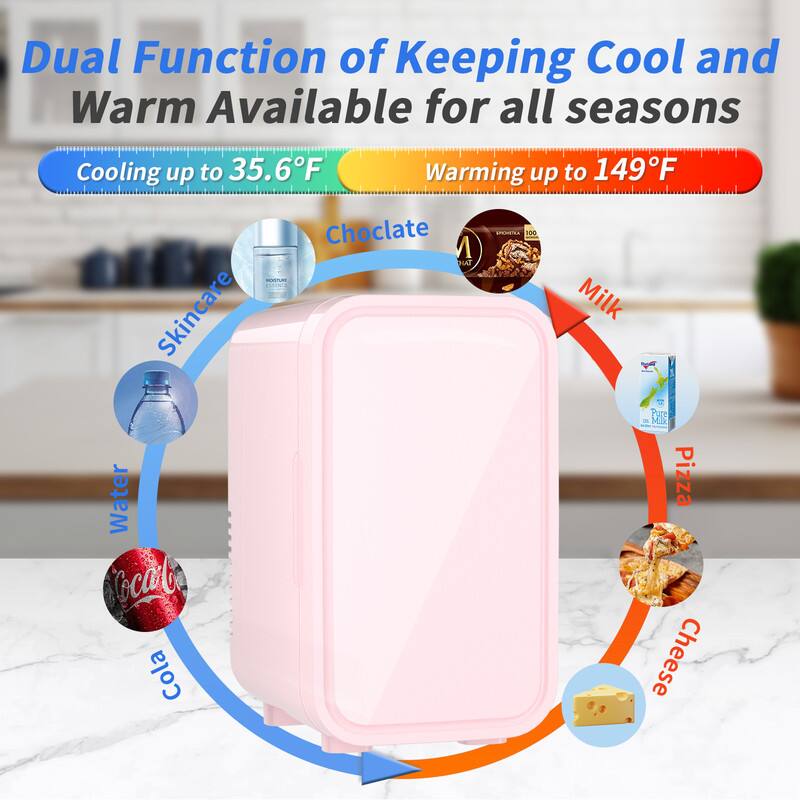 Dual Function of Keeping Cool and Warm Available for all seasons

Cooling up to 35.6°F

- Water
- Skincare
- Cola
- Chocolate

Warming up to 149°F

- Milk
- Pizza
- Cheese