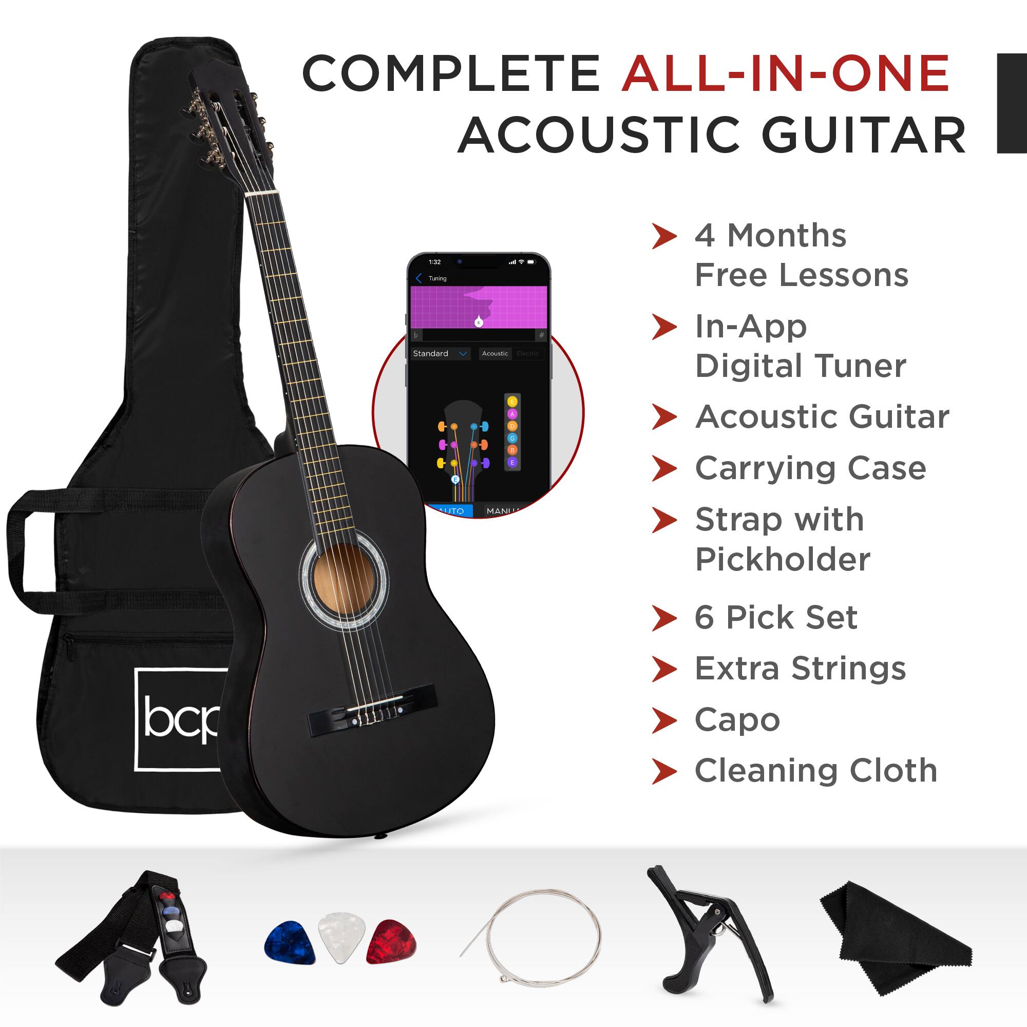 COMPLETE ALL-IN-ONE ACOUSTIC GUITAR

- 4 Months Free Lessons
- In-App Digital Tuner
- Acoustic Guitar
- Carrying Case
- Strap with Pickholder
- 6 Pick Set
- Extra Strings
- Capo
- Cleaning Cloth