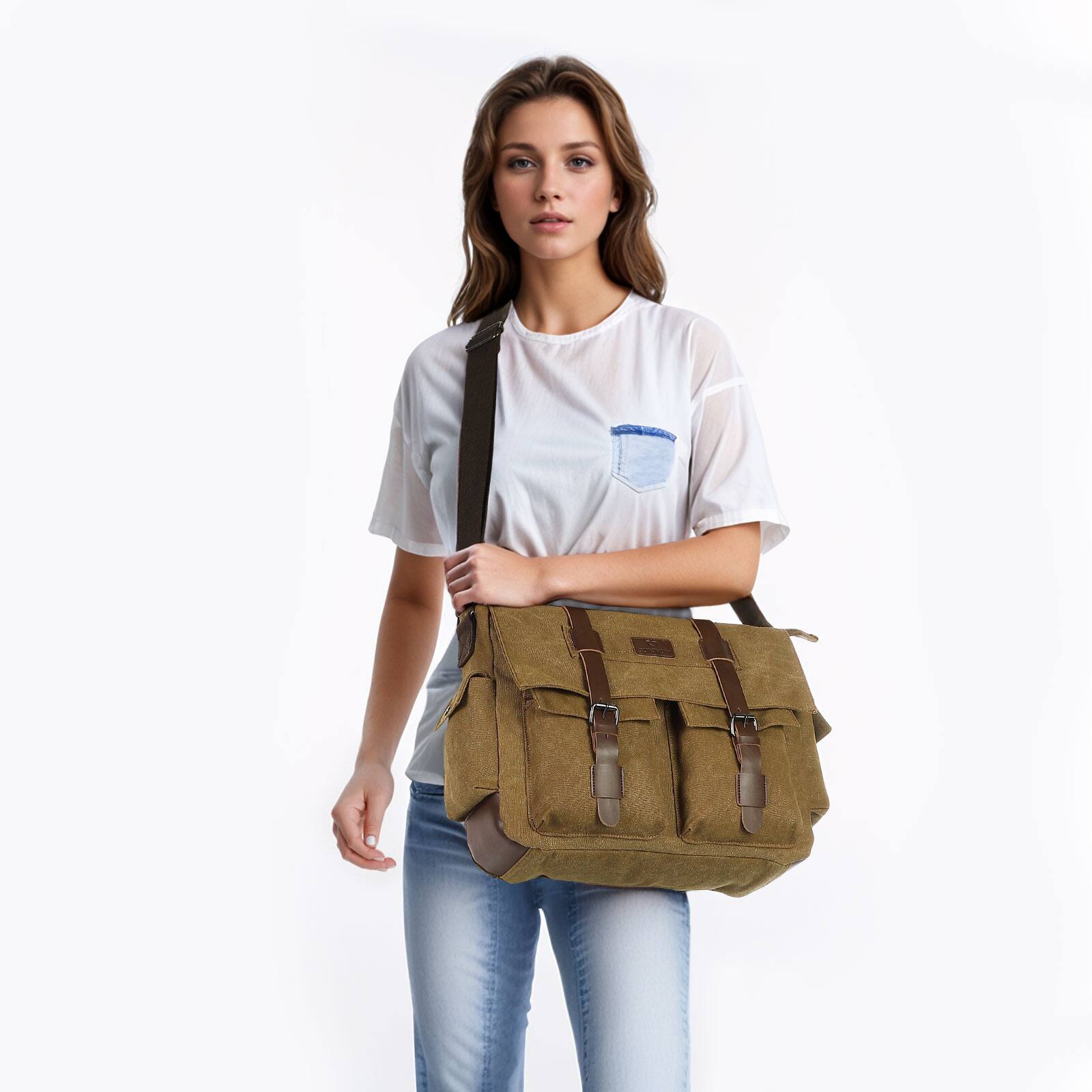 Alt View 5. Unique Bargains - Canvas Crossbody Bag for Men and Women, Vintage Shoulder Bag, Multiple Pockets, Fits 13" Laptops - Coffee.