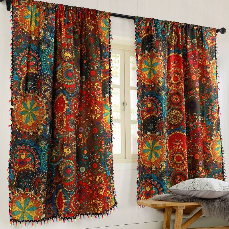 Front. Oumilen - 2-Pack Boho Mandala Curtains, Colorful Circle Print Window Curtains with Multicolor Tassels Rod Pocket 60x86 Inch - Multicolor.