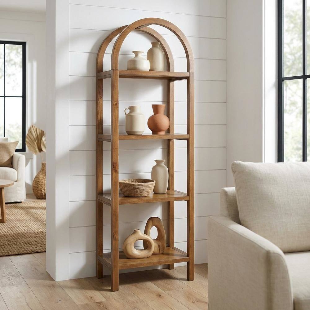 Angle. FurniFact - Tall brown arched bookshelf with engineered wood frame for stylish storage - Brown.