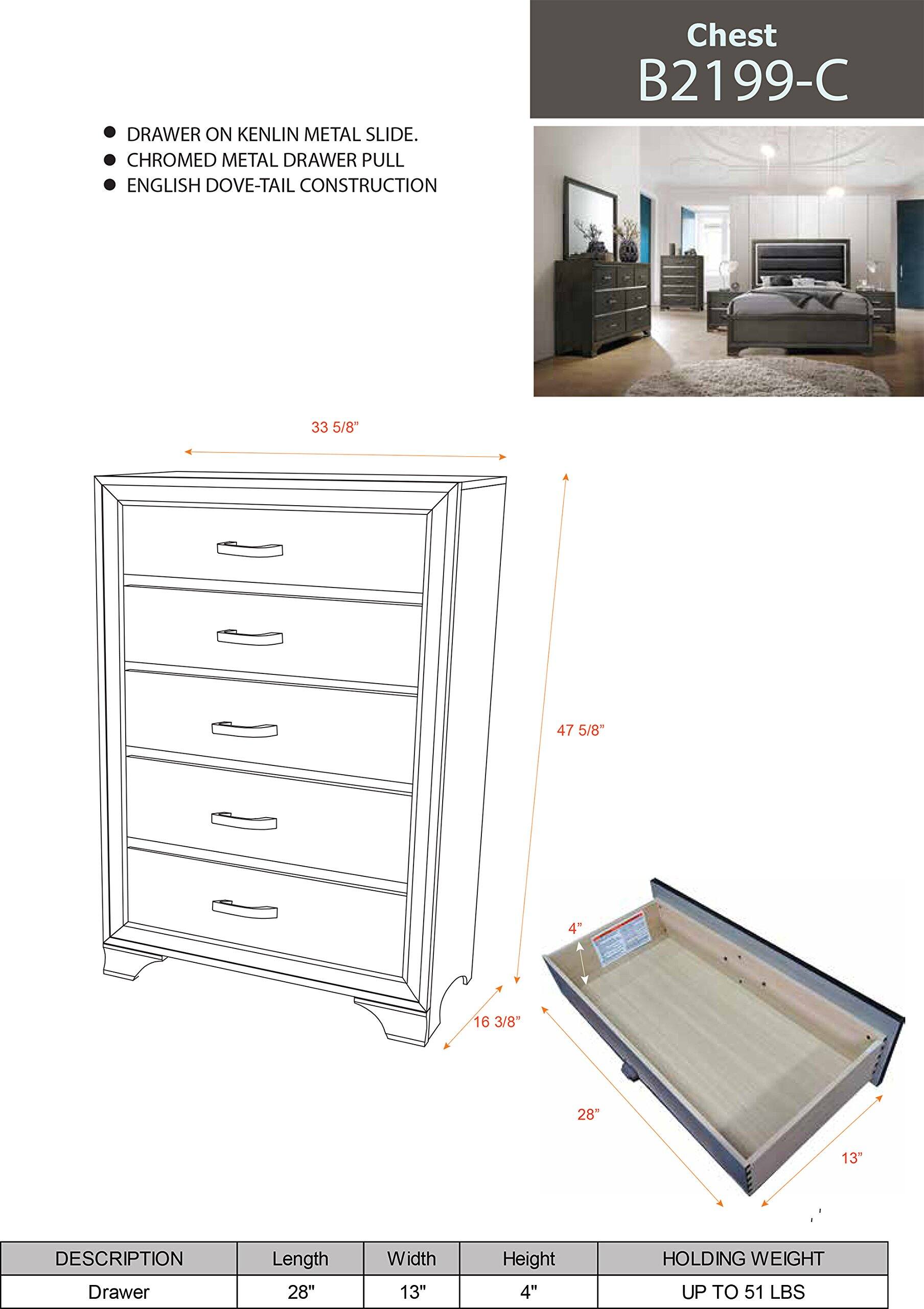 **Chest B2199-C**

- DRAWER ON KENLIN METAL SLIDE.
- CHROMED METAL DRAWER PULL
- ENGLISH DOVE-TAIL CONSTRUCTION

**DESCRIPTION**

- Drawer Length: 28"
- Width: 13"
- Height: 4"
- HOLDING WEIGHT: UP TO 51 LBS

**DIMENSIONS**

- 33 5/8"
- 47 5/8"
- 16 3/8"
- 28"
- 13"
- 4"