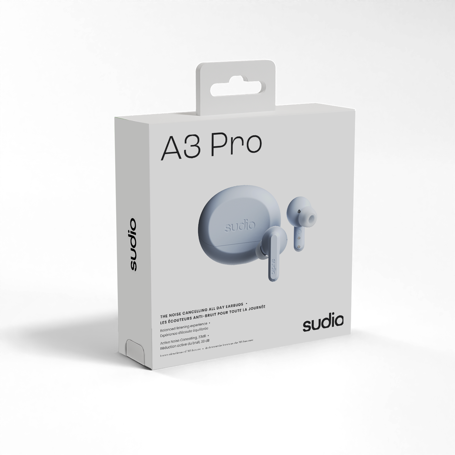 A3 Pro  
sudio  
EARBUDS - TOUTE LA JOURNÉE  

THE NOISE CANCELLING ALL DAY  
LES ÉCOUTEURS ANTI-BRUIT POUR TOUTE LA JOURNÉE  

Rotated and discreet design  
Design roté et discret  

Dependable Connectivity  
Connectivité fiable  

Active Noise Cancellation  
Annulation active du bruit  

33dB Noise Reduction  
Réduction du bruit de 33dB  

sudio
