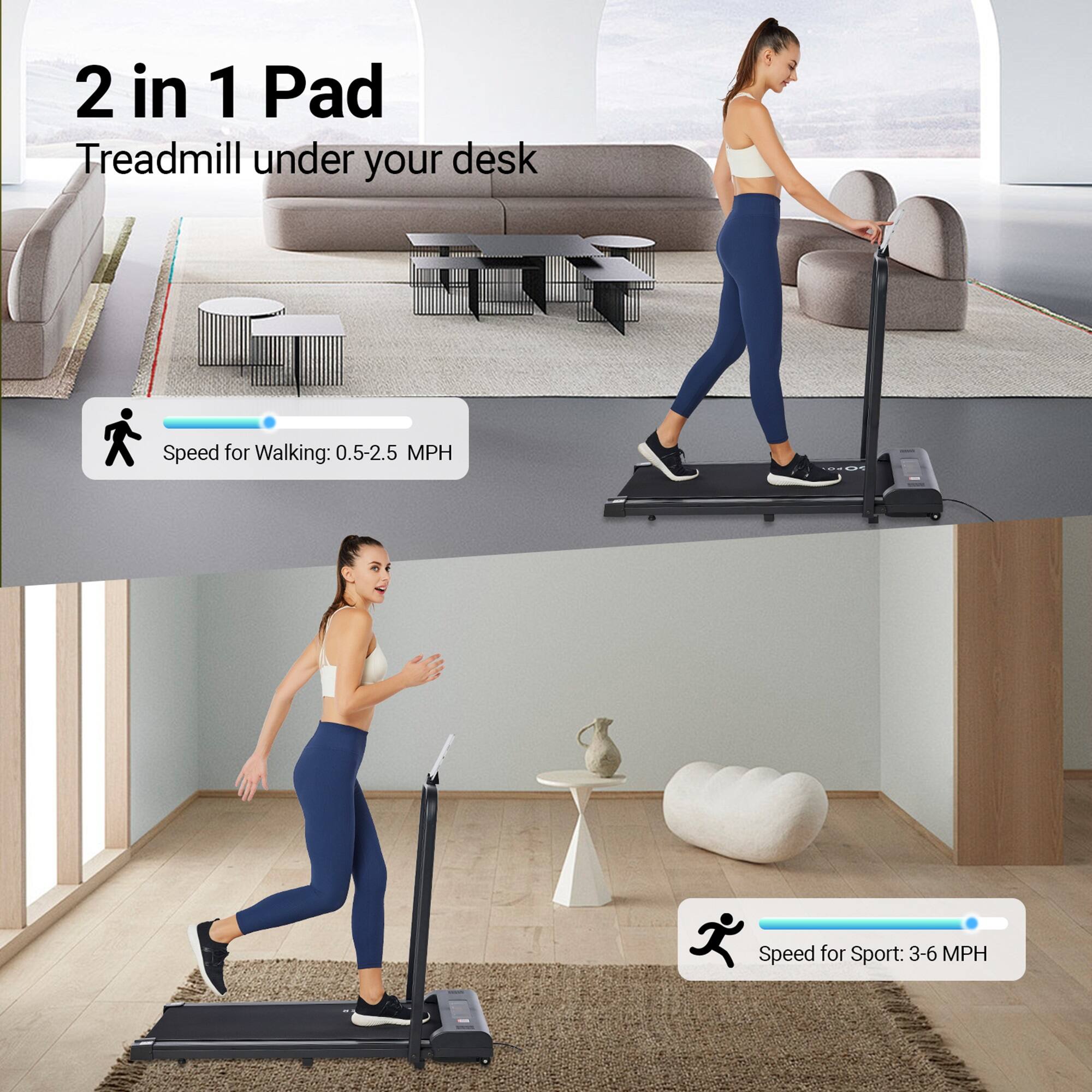 2 in 1 Pad
Treadmill under your desk
Speed for Walking: 0.5-2.5 MPH
Speed for Sport: 3-6 MPH