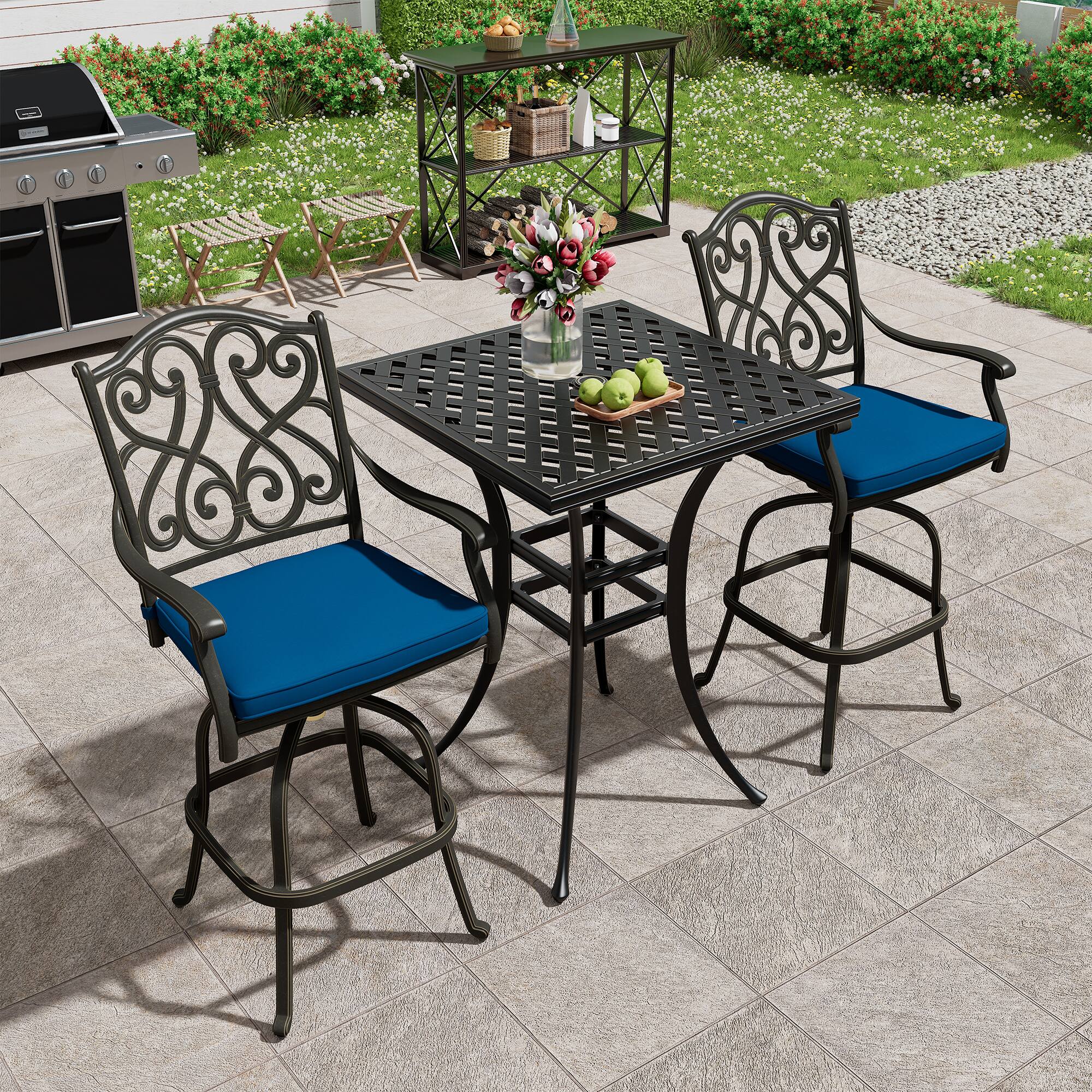 Left. Mondawe - 2 - Person Square Outdoor Dining Set with Cushions - Black+Blue.
