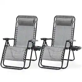 U-HOMY - Zero Gravity Reclining Lounge Chair Set of 2 Outdoor Folding Recliners with Cup Holder and Weather Resistant Fabric - Ice Grey