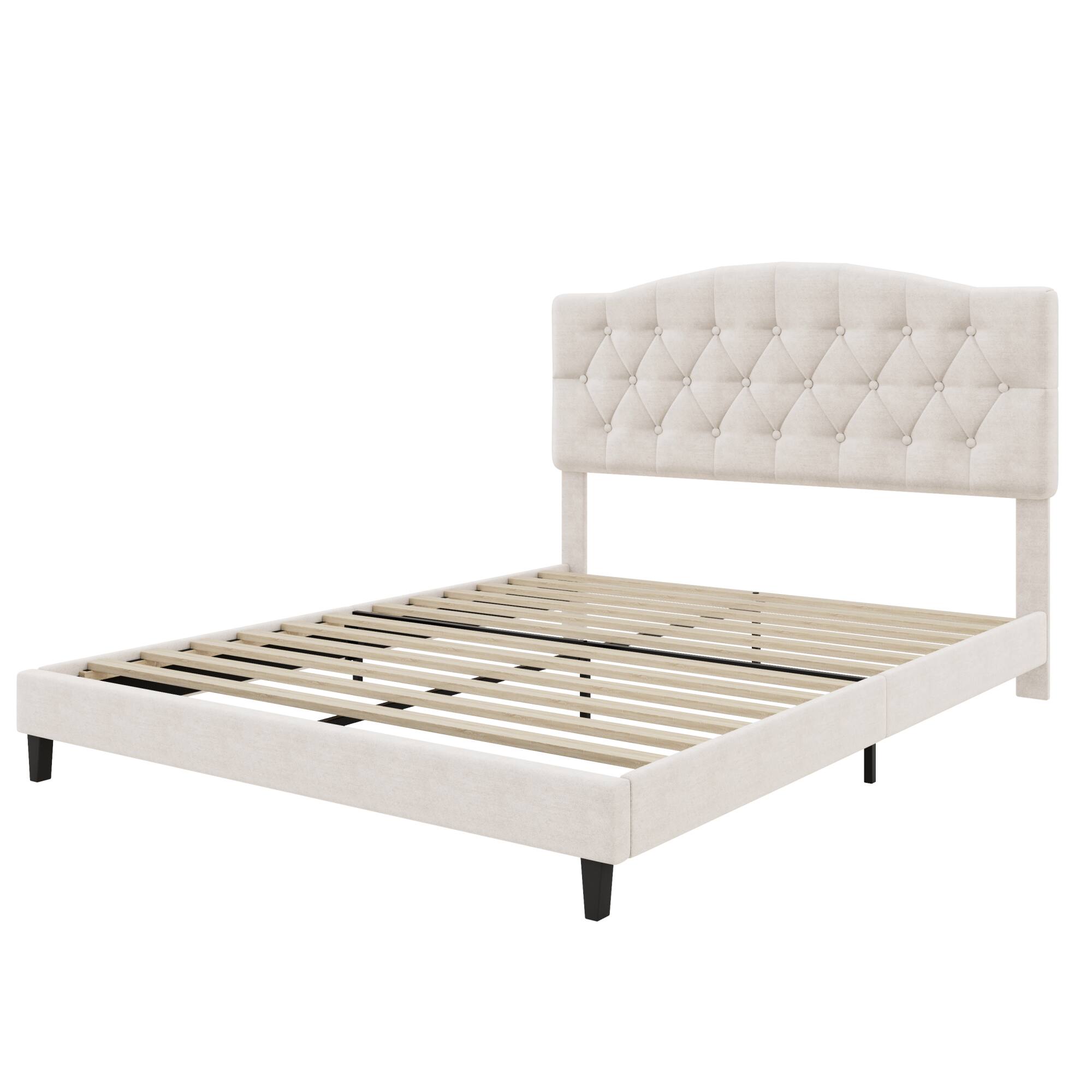 Alt View 4. GOODSILO - Upholstered Platform Bed with Adjustable Headboard and Diamond Tufted Details, Wooden Slats and Metal Support - Beige.