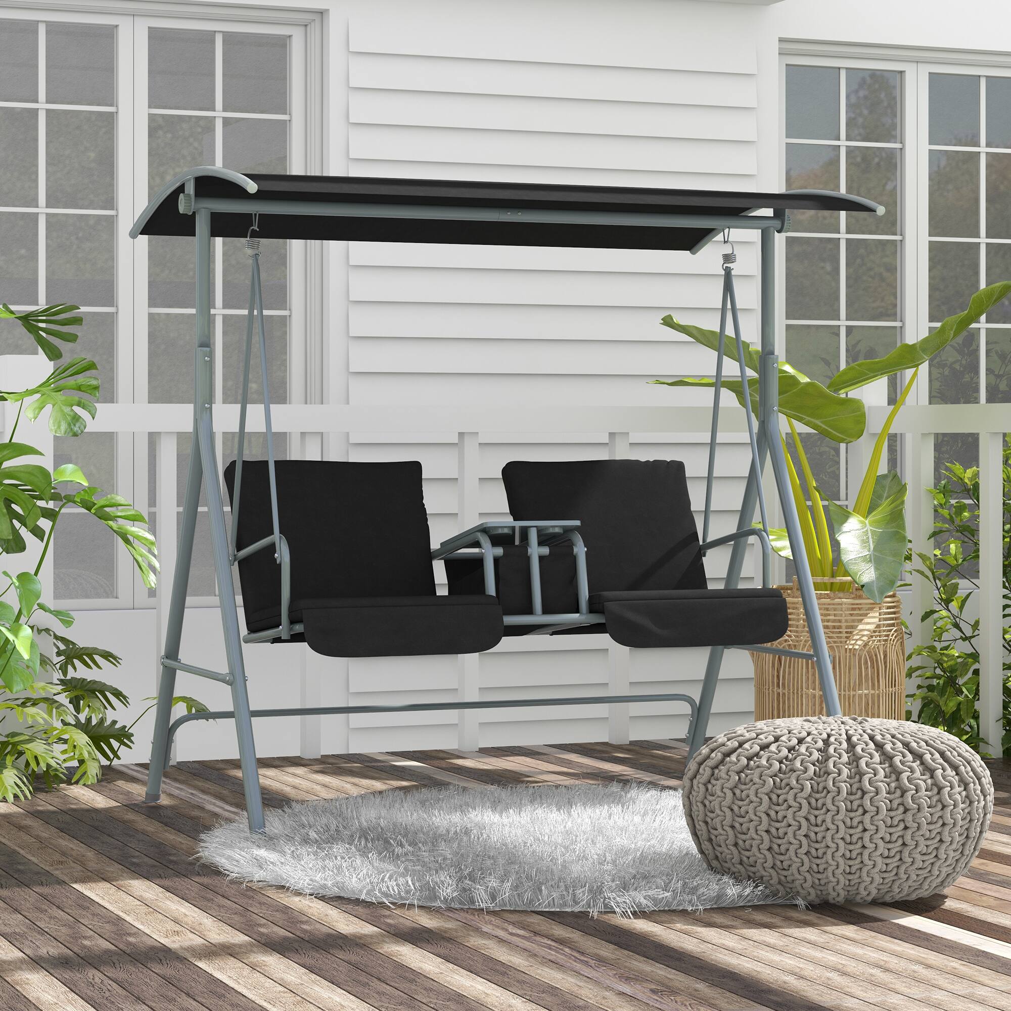 Alt View 1. Outsunny - Outdoor Porch Swing with Canopy and Table, Patio Swing Chair for Garden, Poolside - Black.