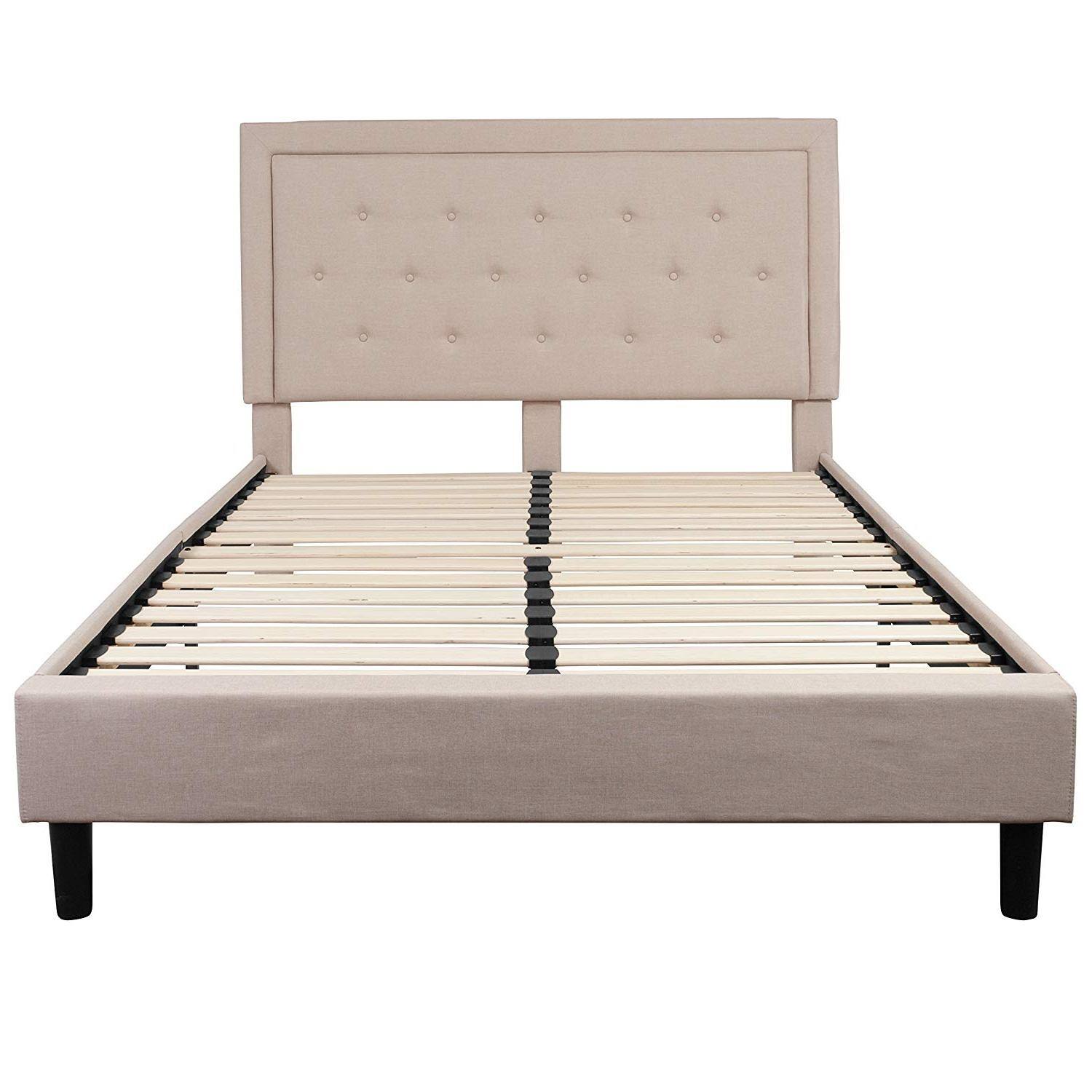 Angle. Hivvago - Hivvago Queen Upholstered Platform Bed Frame with Button Tufted Headboard - Beige.