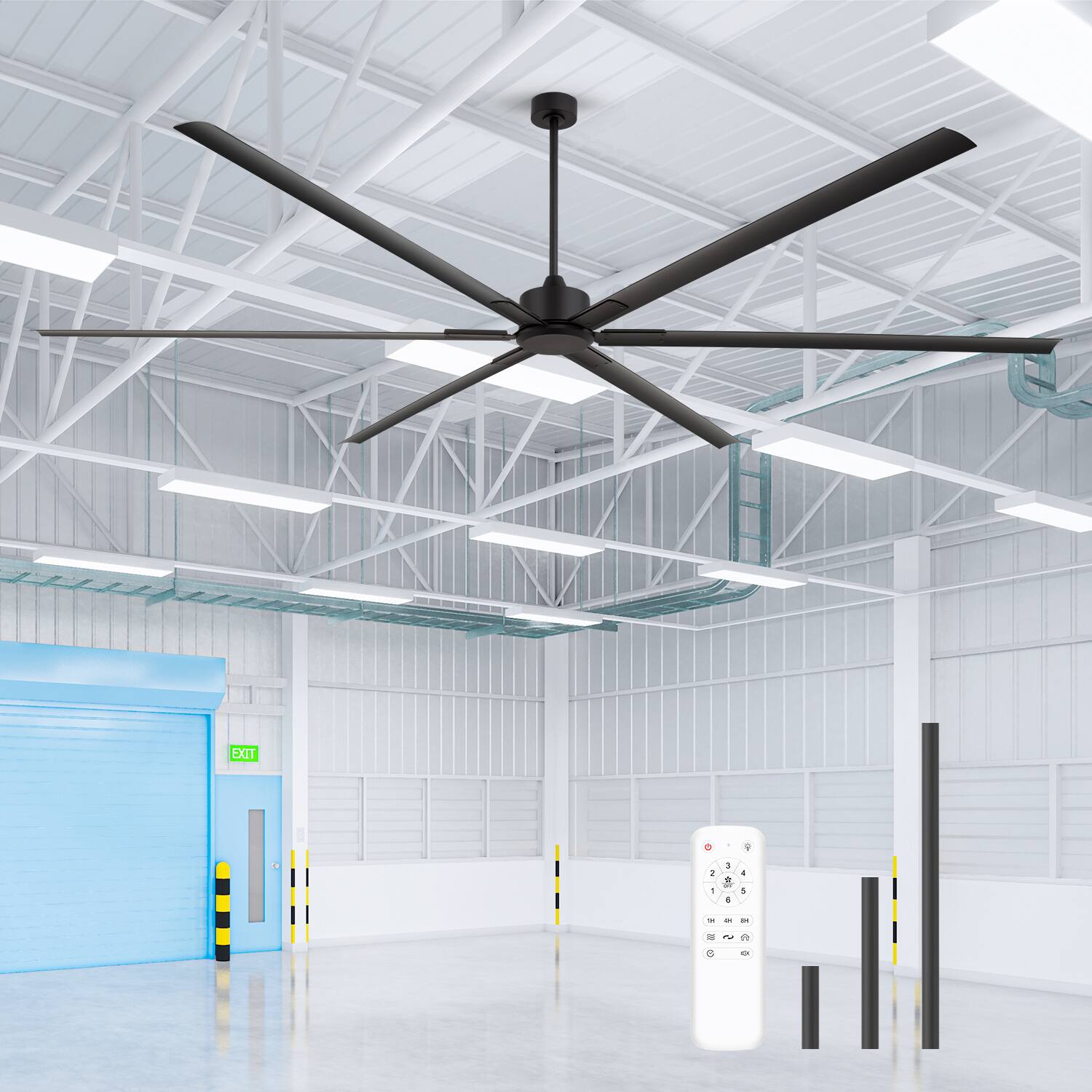 Front. Breezary - 120/144 Inch 12ft HVLS Industrial Ceiling Fan, DC Motor, Aluminum Blades, Downrod Mount, High Airflow, Commercial Grade - 120-in Black (6-Blade).