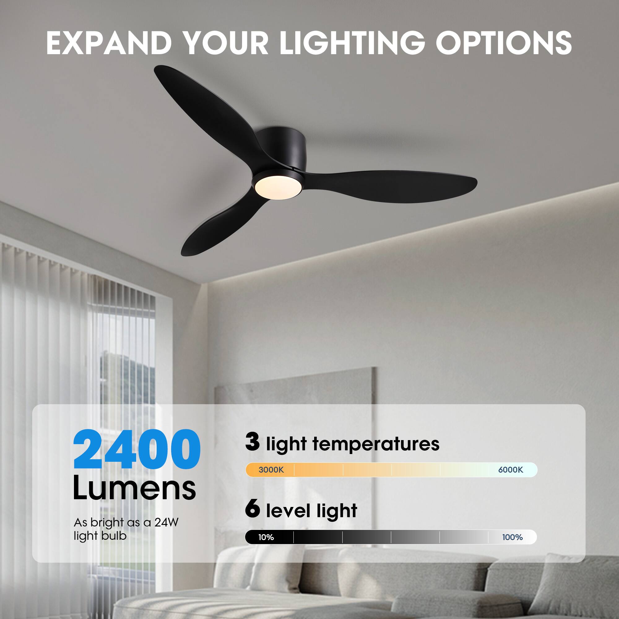 EXPAND YOUR LIGHTING OPTIONS

2400 Lumens  
As bright as a 24W light bulb

3 light temperatures  
3000K 6000K

6 level light  
10% 100%