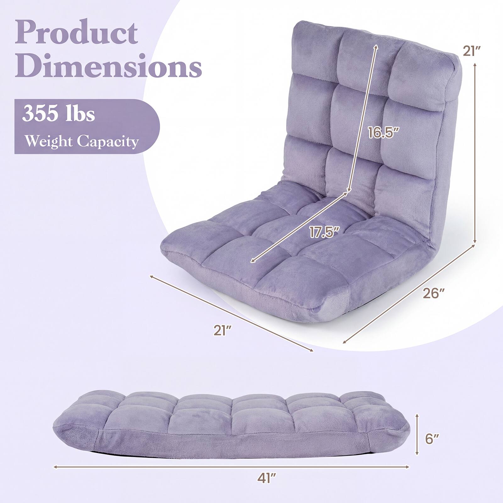 Product Dimensions: 21" x 16.5" x 17.5" x 26" x 21" x 6"  
Weight Capacity: 355 lbs