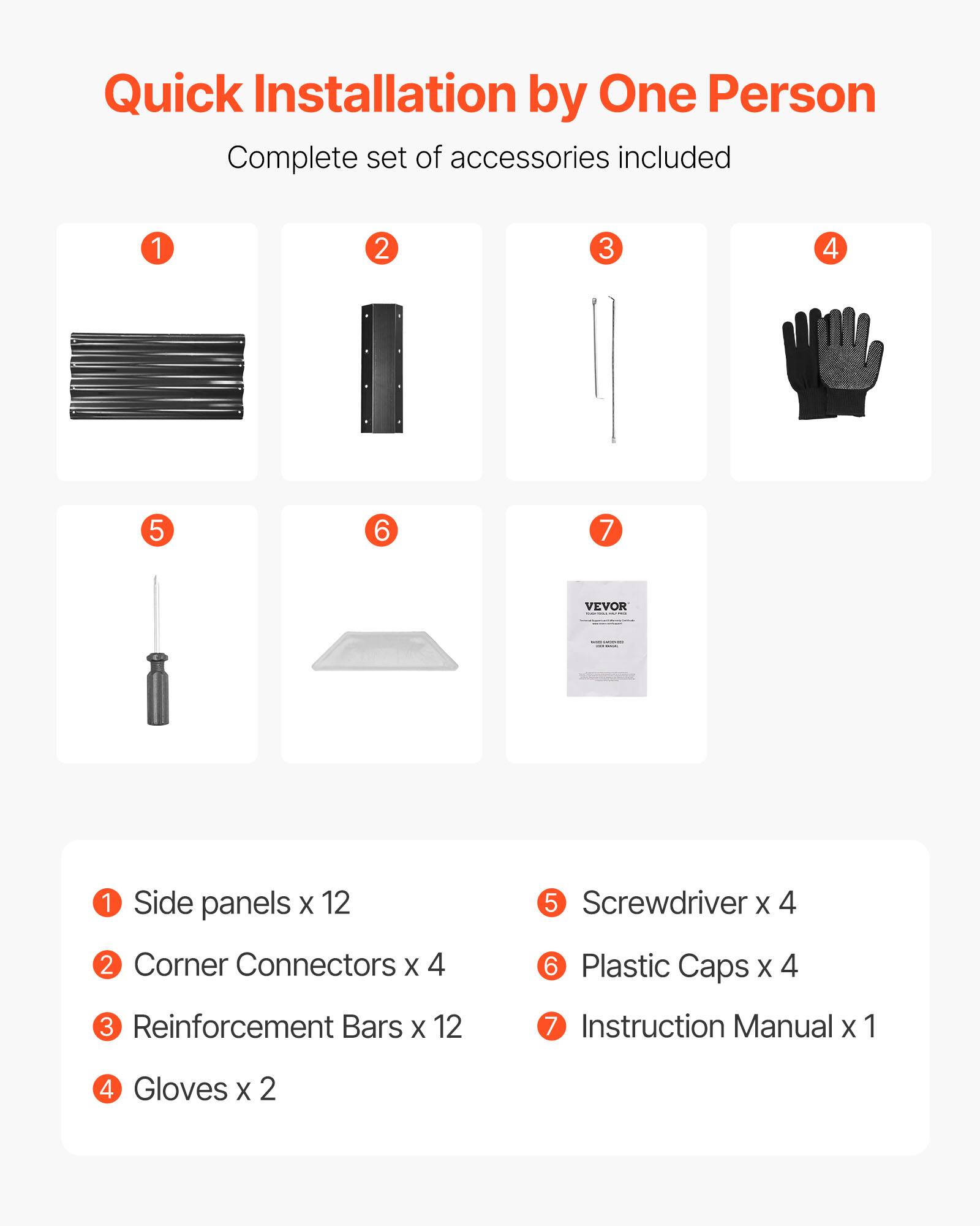 Quick Installation by One Person  
Complete set of accessories included  

1. Side panels x 12  
2. Corner Connectors x 4  
3. Reinforcement Bars x 12  
4. Gloves x 2  
5. Screwdriver x 4  
6. Plastic Caps x 4  
7. Instruction Manual x 1