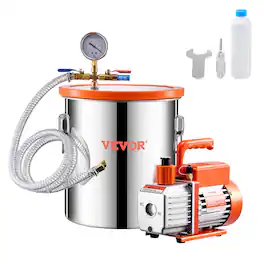 VEVOR - 5 Gallon Vacuum Chamber and 3.5 CFM Pump Kit, Stainless Steel Chamber, Single Stage Vacuum Pump Degassing Chamber Kit - Orange;Silver
