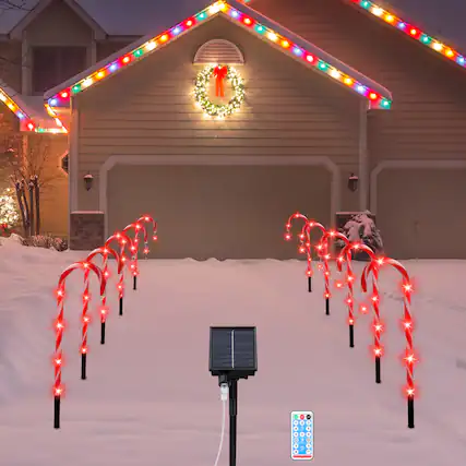 Front. Oumilen - 10 Pack Christmas Solar Candy Cane Stake Lights with Remote – 8 Modes Red LED Path Markers for Yard.