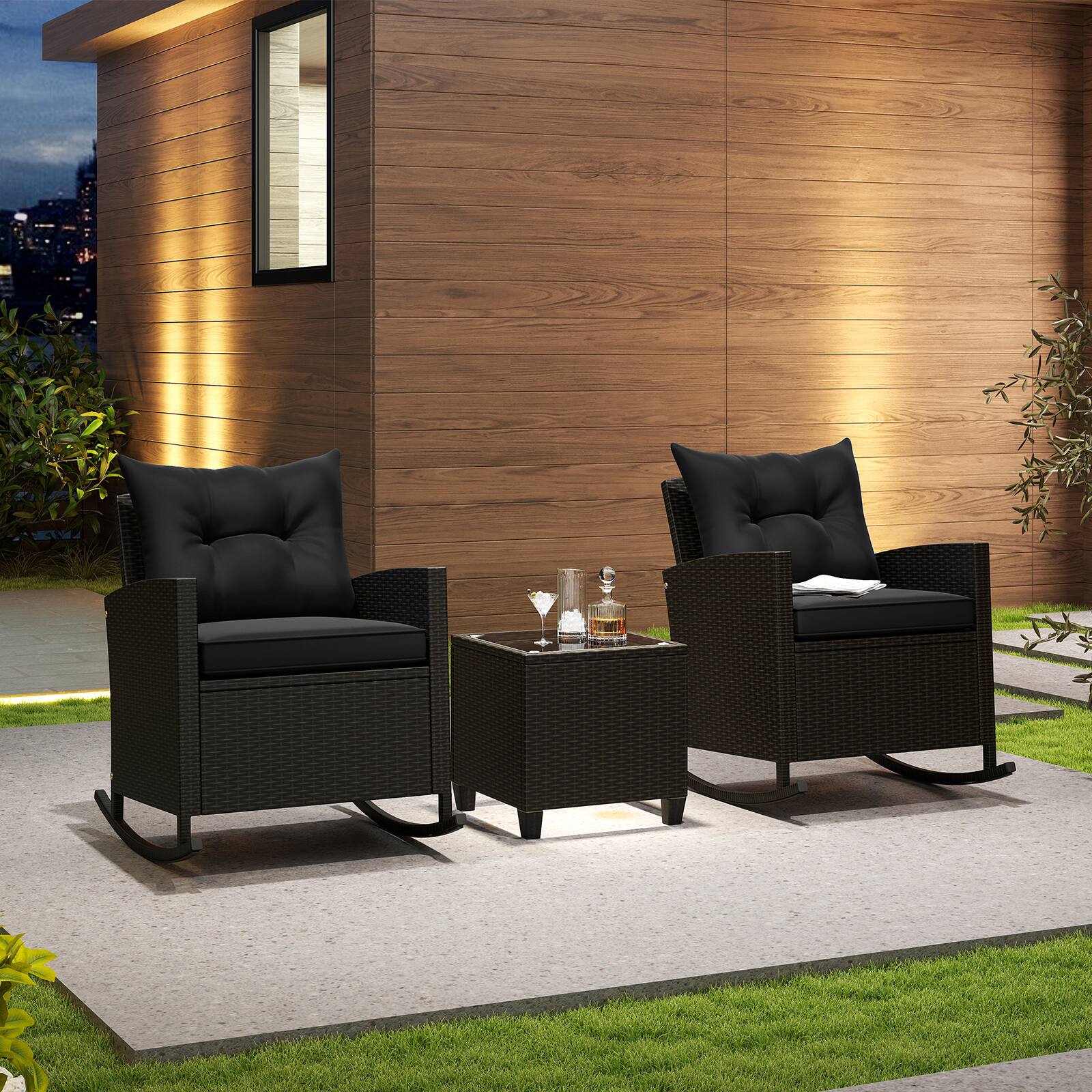 Alt View 3. Gymax - Gymax Set of 3 Wicker Rocking Set w/ Tempered Glass Table Patio Outdoor Black - Black.