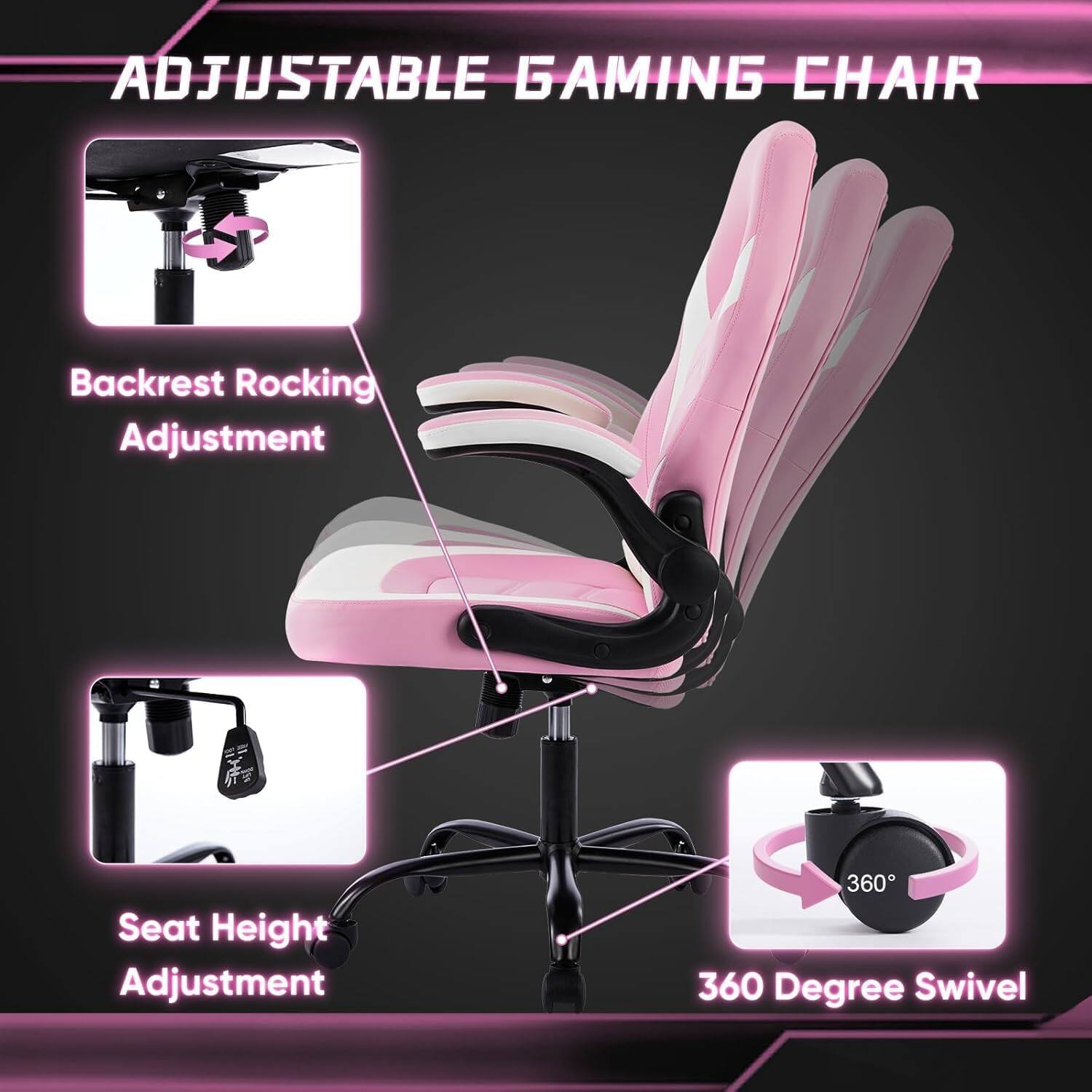 ADJUSTABLE GAMING CHAIR

- Backrest Rocking Adjustment
- Seat Height Adjustment
- 360 Degree Swivel