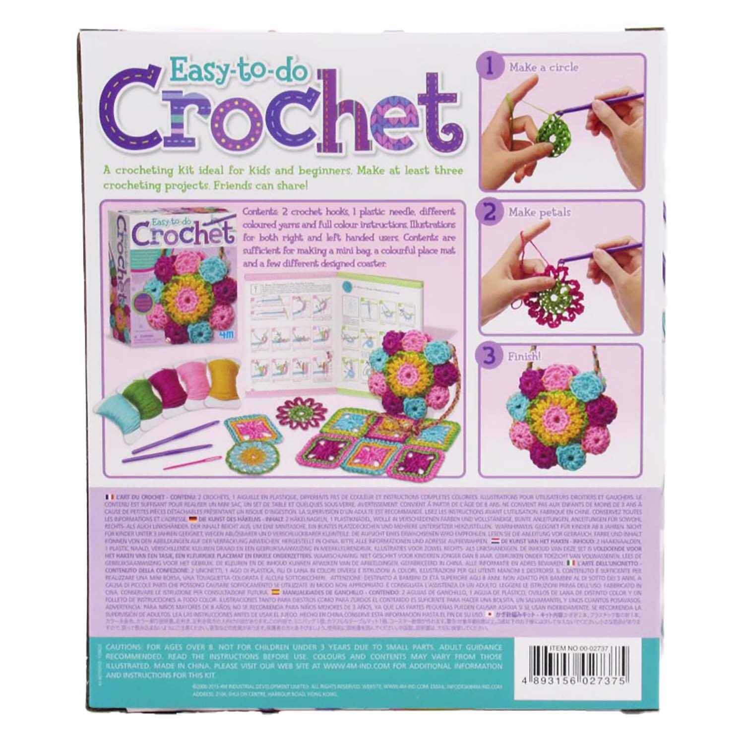 Easy-to-do Crochet: A crocheting kit ideal for kids and beginners. Make at least three crocheting projects. Friends can share! Contents include:

1. Make a circle: Crochet a circle using different colored yarns and full-color instructions.
2. Make petals: Easy-to-do crochets for both right and left-handed beginners.
3. Finish!: Crochet projects are complete with colorful place mats and a mini bag.

Contents are sufficient for making a variety of different projects. The kit includes crochet hooks and a plastic needle, along with full-color instructions.