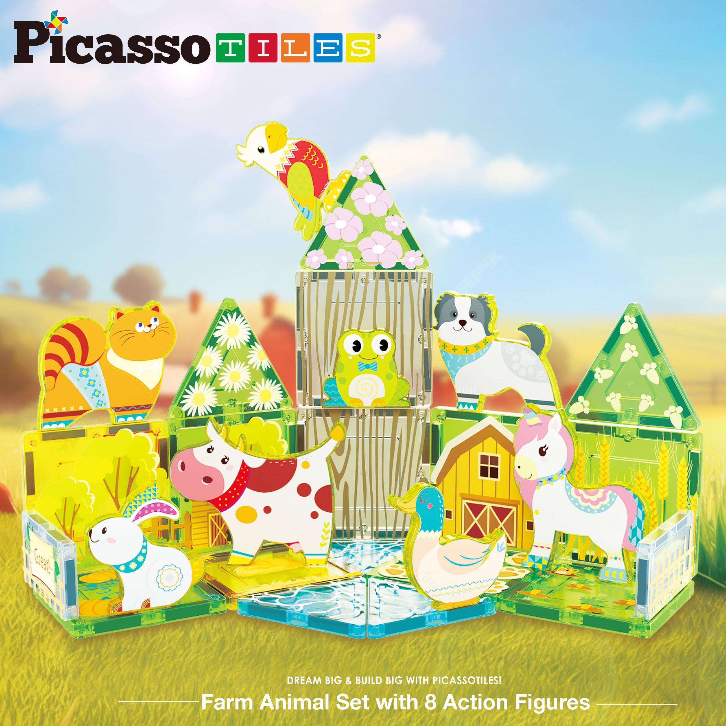 Picasso Tiles, Dream Big & Build Big with Picasso Tiles! Farm Animal Set with 8 Action Figures