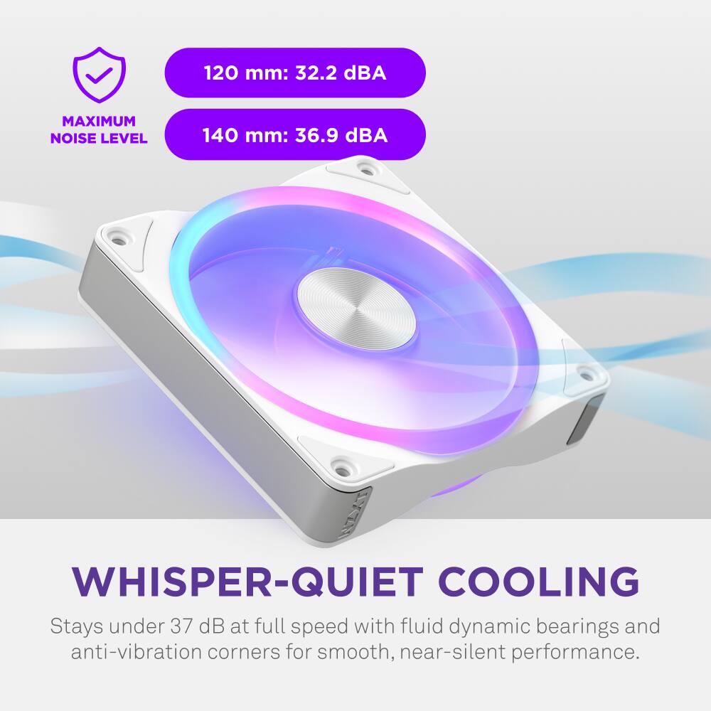 120 mm: 32.2 dBA  
140 mm: 36.9 dBA  

MAXIMUM NOISE LEVEL  

WHISPER-QUIET COOLING  
Stays under 37 dB at full speed with fluid dynamic bearings and anti-vibration corners for smooth, near-silent performance.