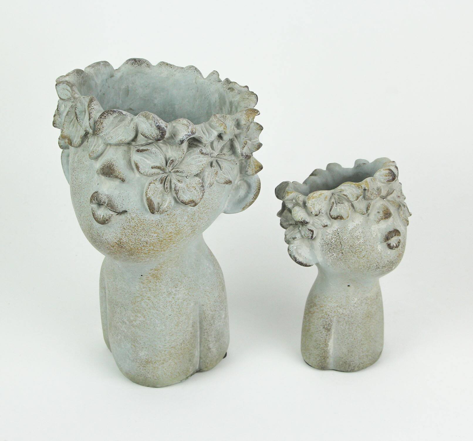 Alt View 1. Mayrich Company - Pair of Pucker Up Kissing Face Weathered Finish Concrete Head Planters Small and Large Outdoor Décor - Grey.