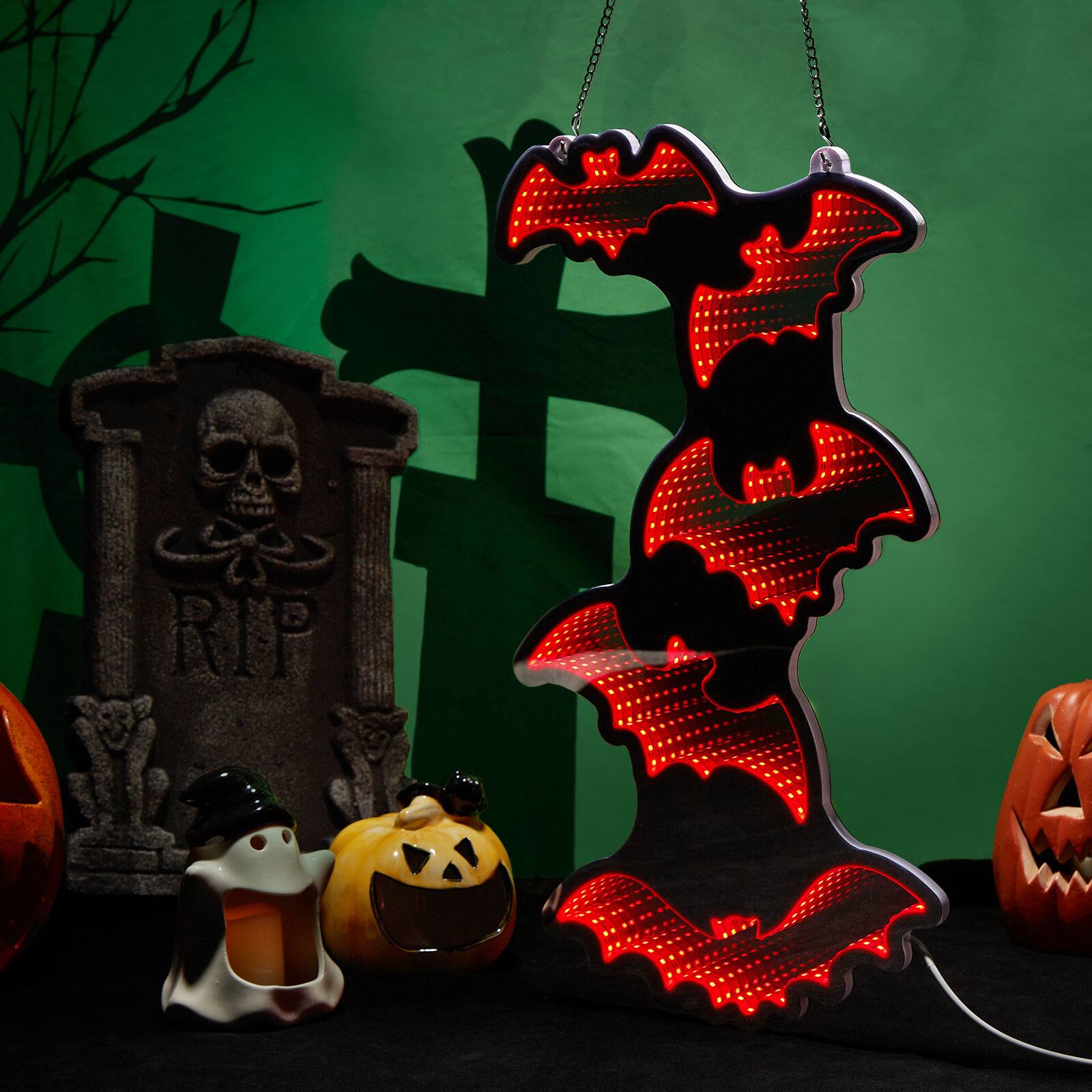 Alt View 8. Fitnate - Hallowmas Red 3D Mirror Bat LED Sign for Halloween Party - Red.