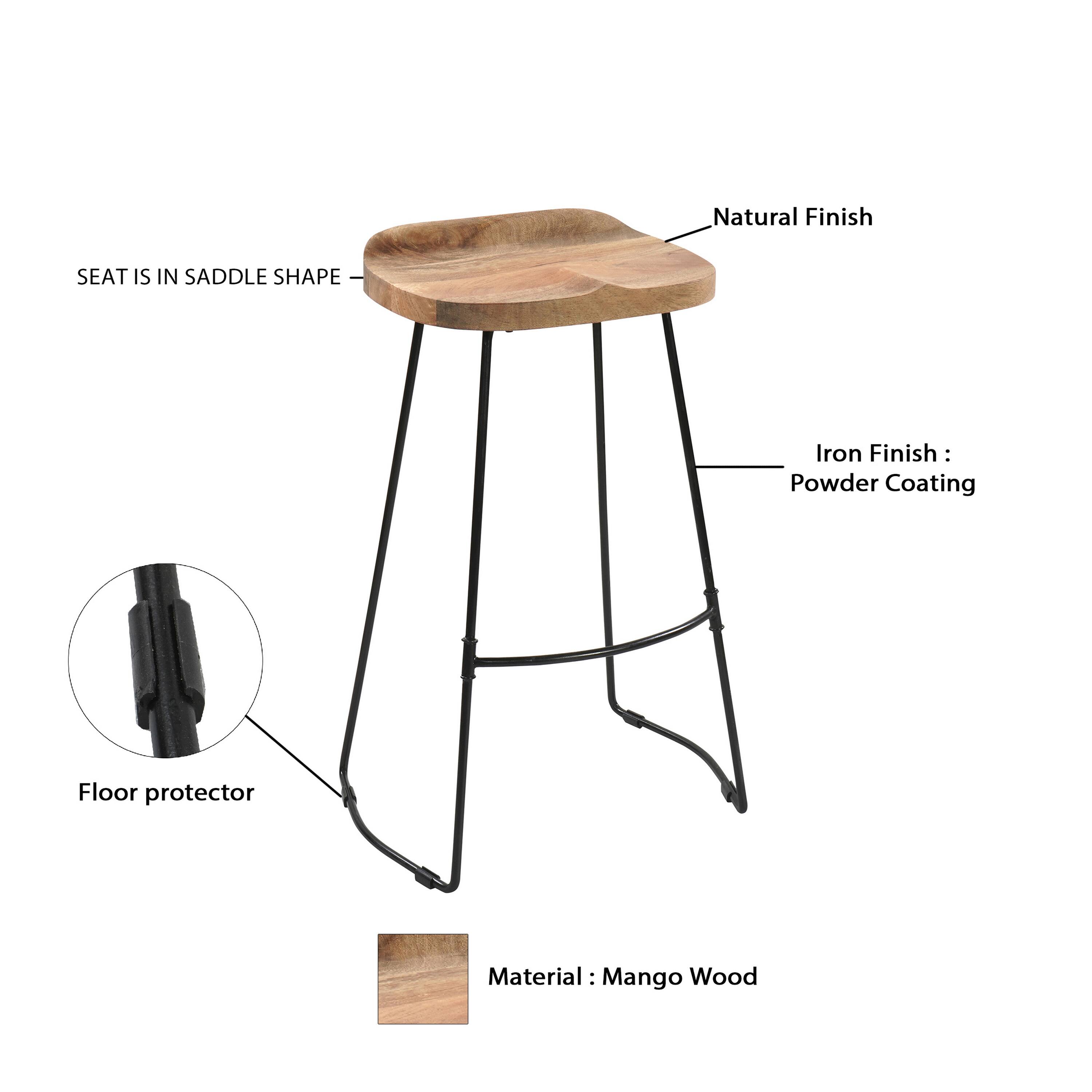 Natural Finish, Iron Finish: Powder Coating, Floor protector, Material: Mango Wood, Seat is in saddle shape