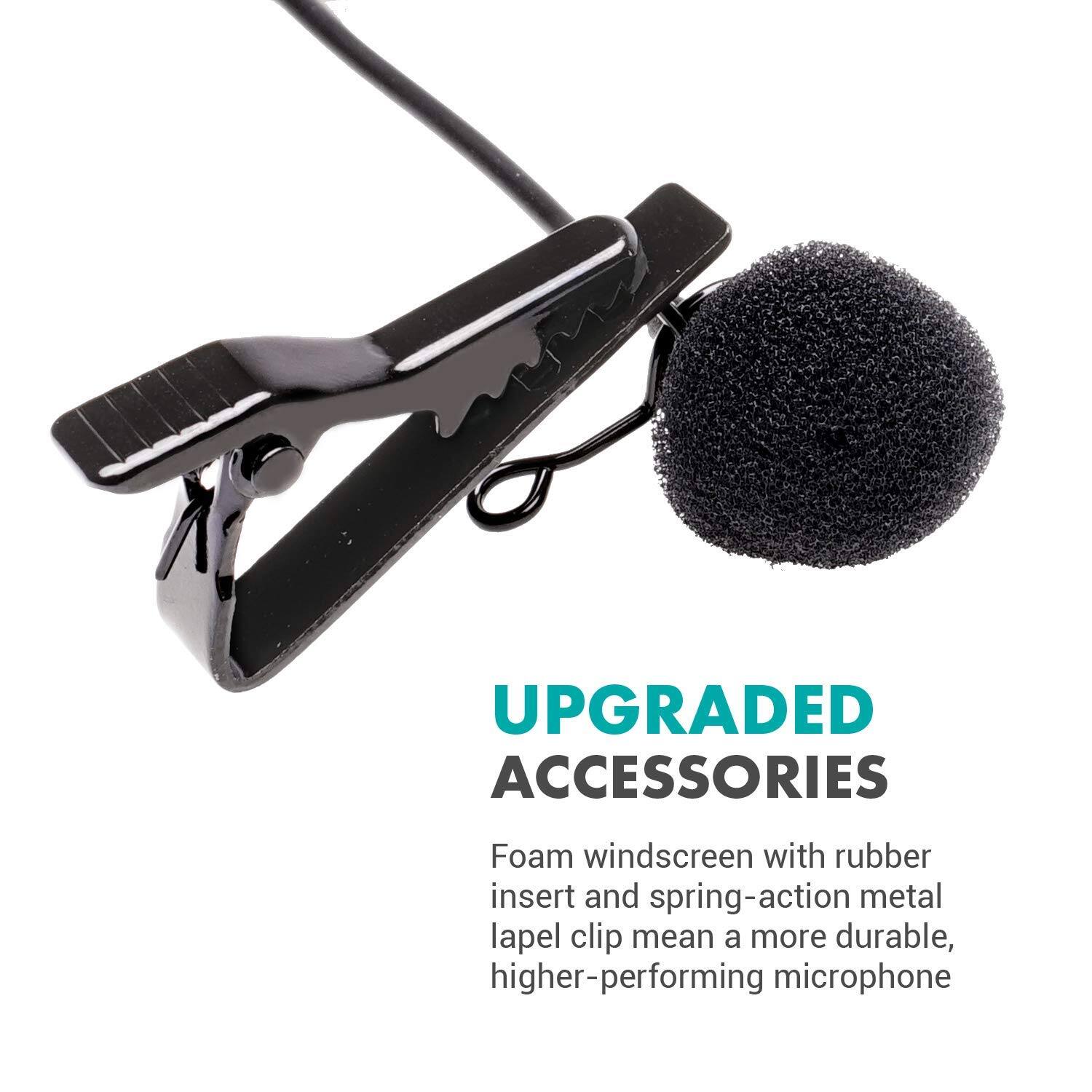 UPGRADED ACCESSORIES

Foam windscreent with rubber insert and spring-action metal lapel clip mean a more durable, higher-performing microphone