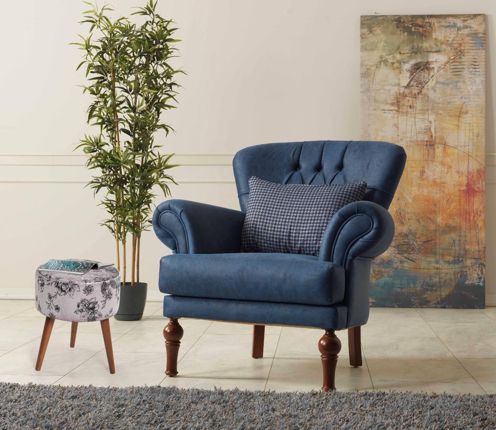 Tiramisubest - Charming 3-Leg Wood Ottoman with Patterned Cushion - Grey - Ivory