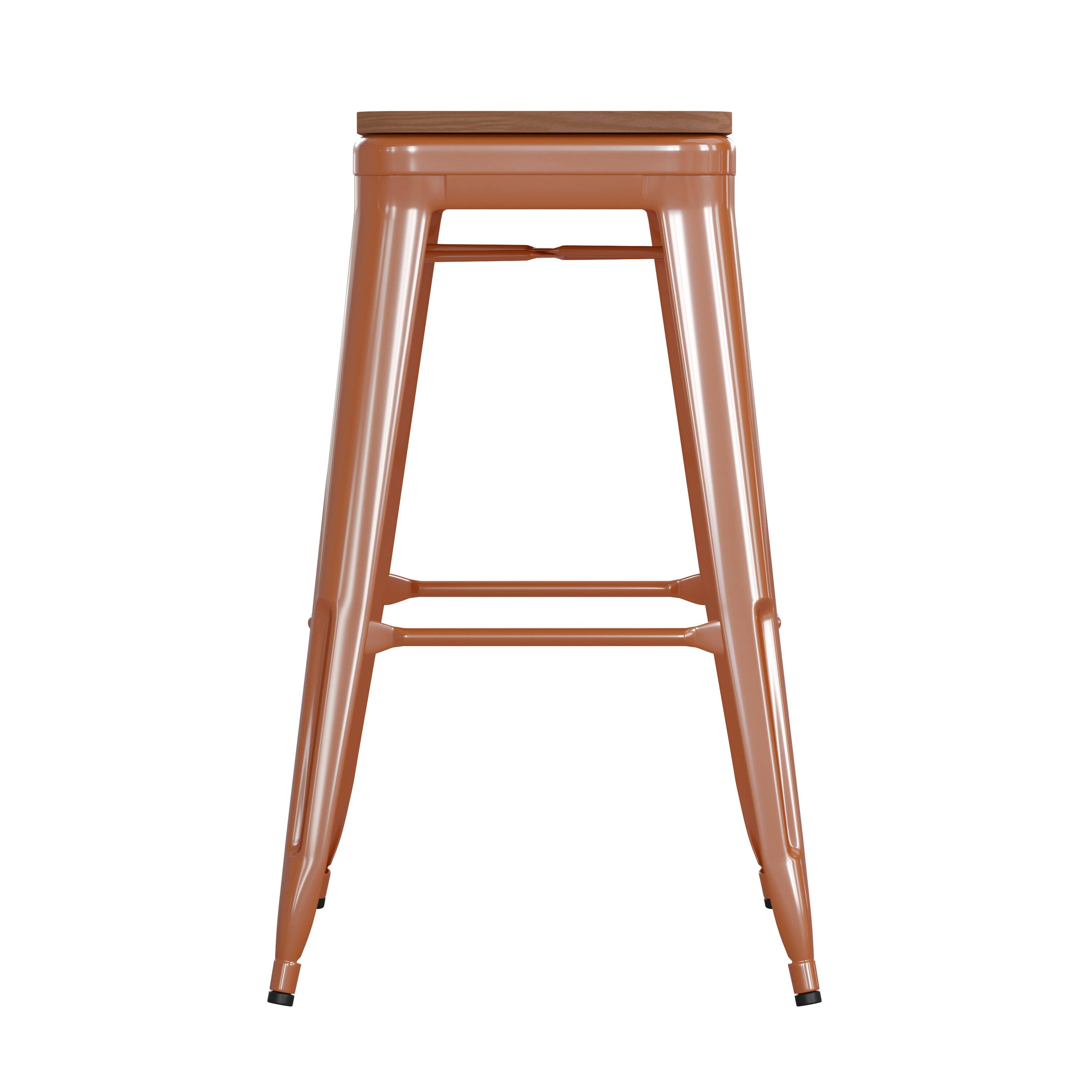 Alt View 8. Emma + Oliver - Kam Backless Metal Indoor-Outdoor Stool with All-Weather Polystyrene Seat - Teak Seat/Orange Frame.