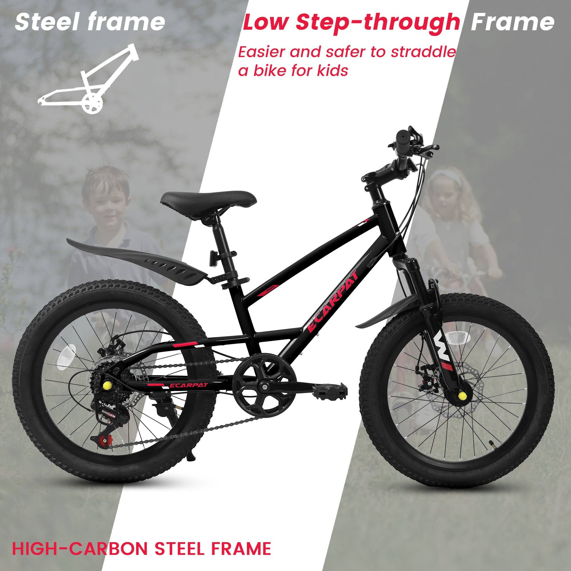 Steel frame  
Low Step-through Frame  
Easier and safer to straddle a bike for kids  

HIGH-CARBON STEEL FRAME