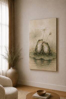 FC Design - Large Lotus Frog Companions Canvas Print 24x36"-Ready-to-Hang Peaceful Pond Accent Art Painting Home Wall Décor - MultiColor