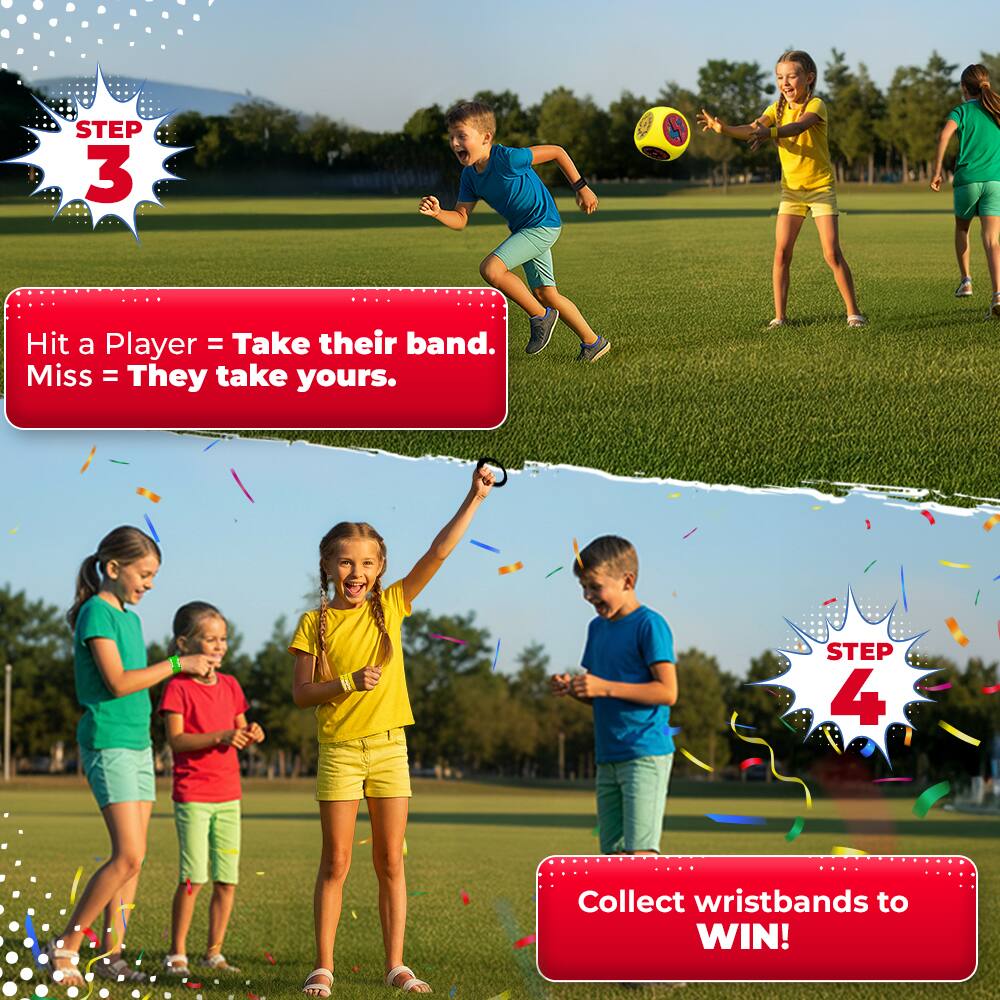 STEP 3  
Hit a Player = Take their band.  
Miss = They take yours.

STEP 4  
Collect wristbands to WIN!