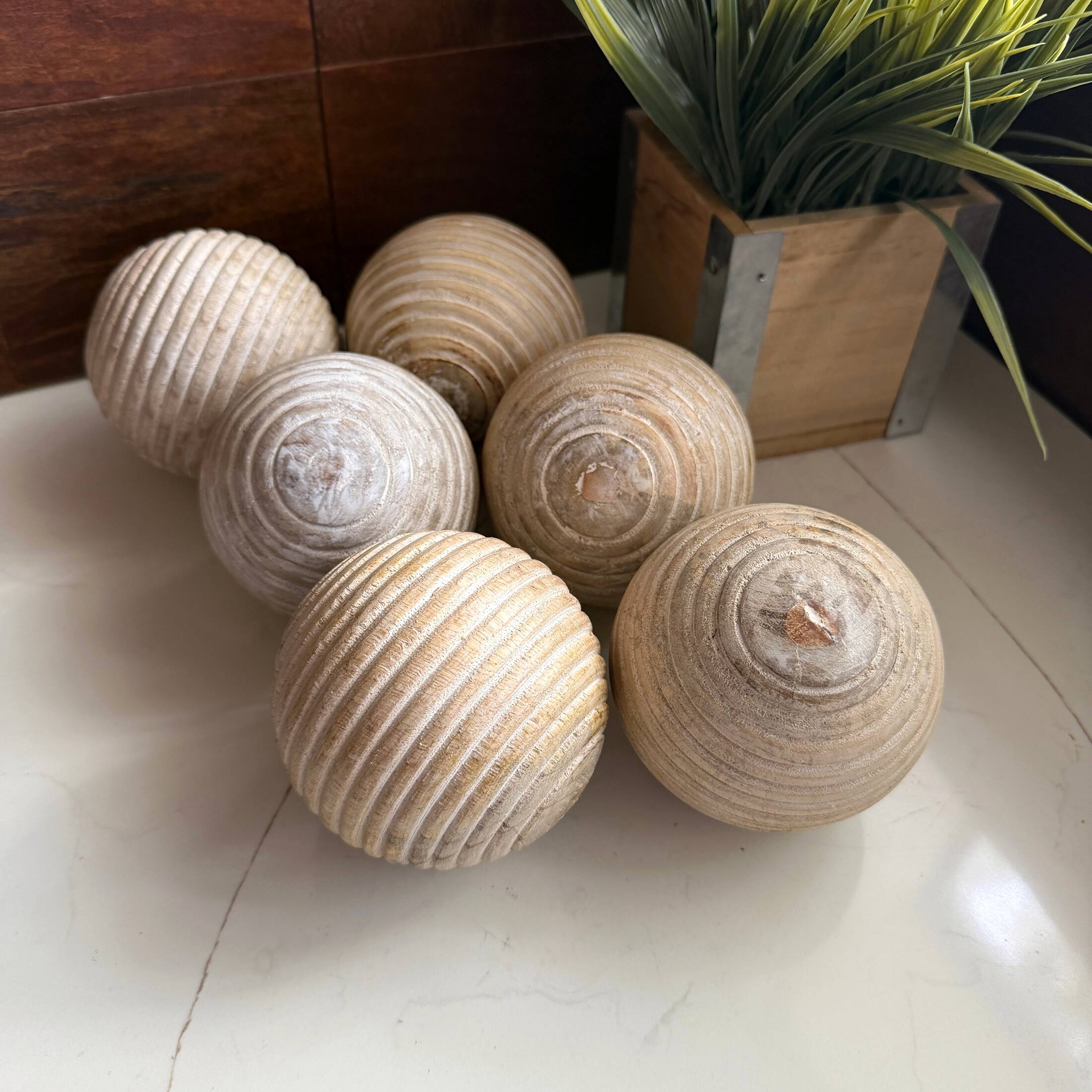 Alt View 3. PD Home & Garden - Set of 6 Ribbed Wooden Decorative Orbs Natural 4 Inch Striped Bowl Fillers - Natural.