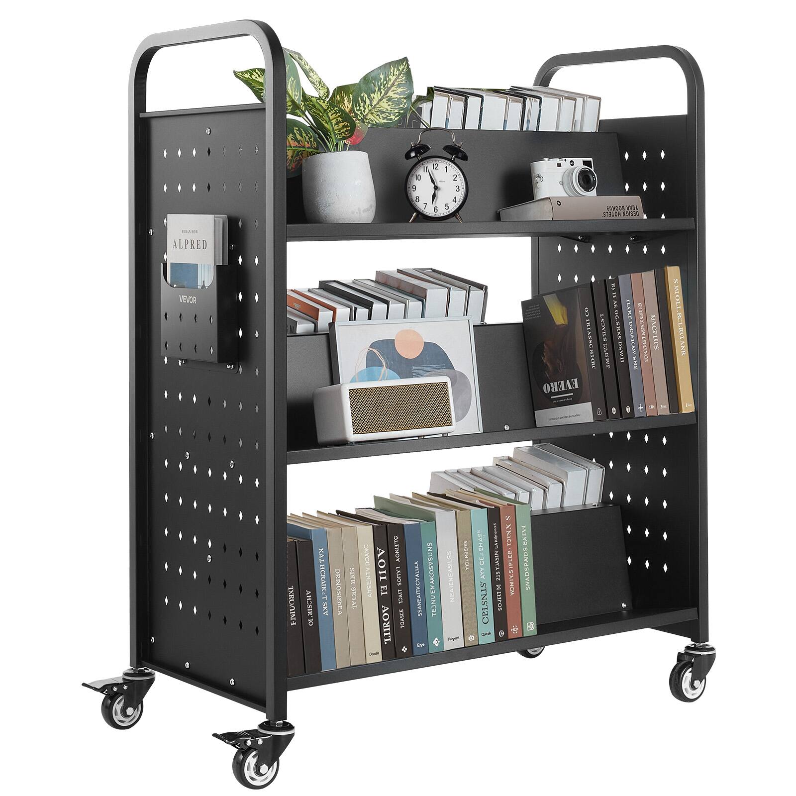 VEVOR - Rolling Library Book Cart, 330 lbs Capacity, 38.2 x 20.3 x 48.2-Inch Library Cart, Double Sided W-Shaped Shelves - Black