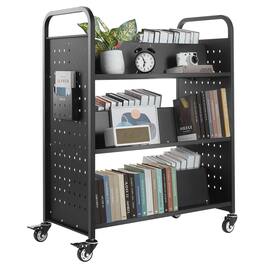 VEVOR - Rolling Library Book Cart, 330 lbs Capacity, 38.2 x 20.3 x 48.2-Inch Library Cart, Double Sided W-Shaped Shelves - Black