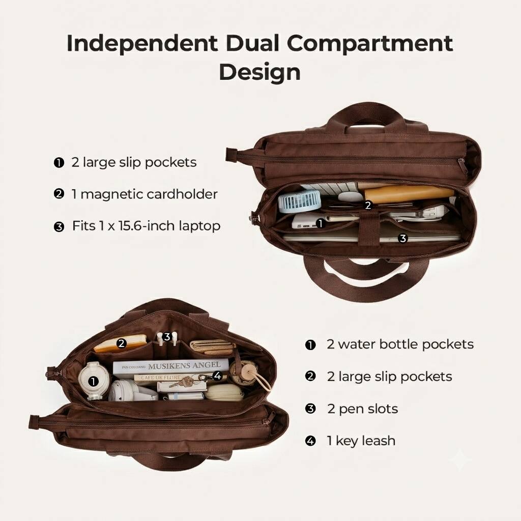 Independent Dual Compartment Design

1. 2 large slip pockets
2. 1 magnetic cardholder
3. Fits 1 x 15.6-inch laptop

1. 2 water bottle pockets
2. 2 large slip pockets
3. 2 pen slots
4. 1 key leash