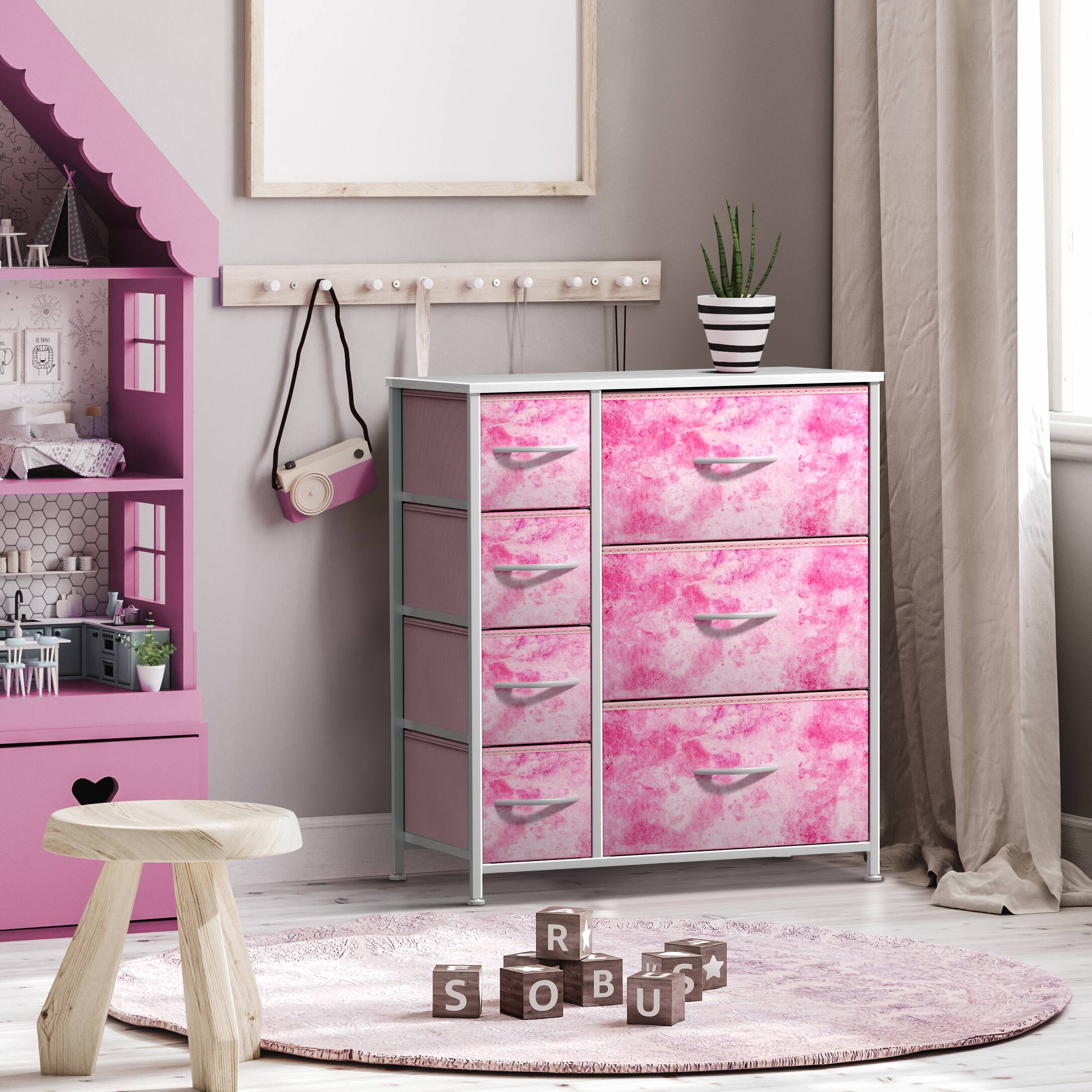 Angle. Sorbus - Sorbus Dresser with 7 Drawers - Storage Chest Organizer with Steel Frame, Wood Top, Handles, Fabric Bins - Tie dye pink.