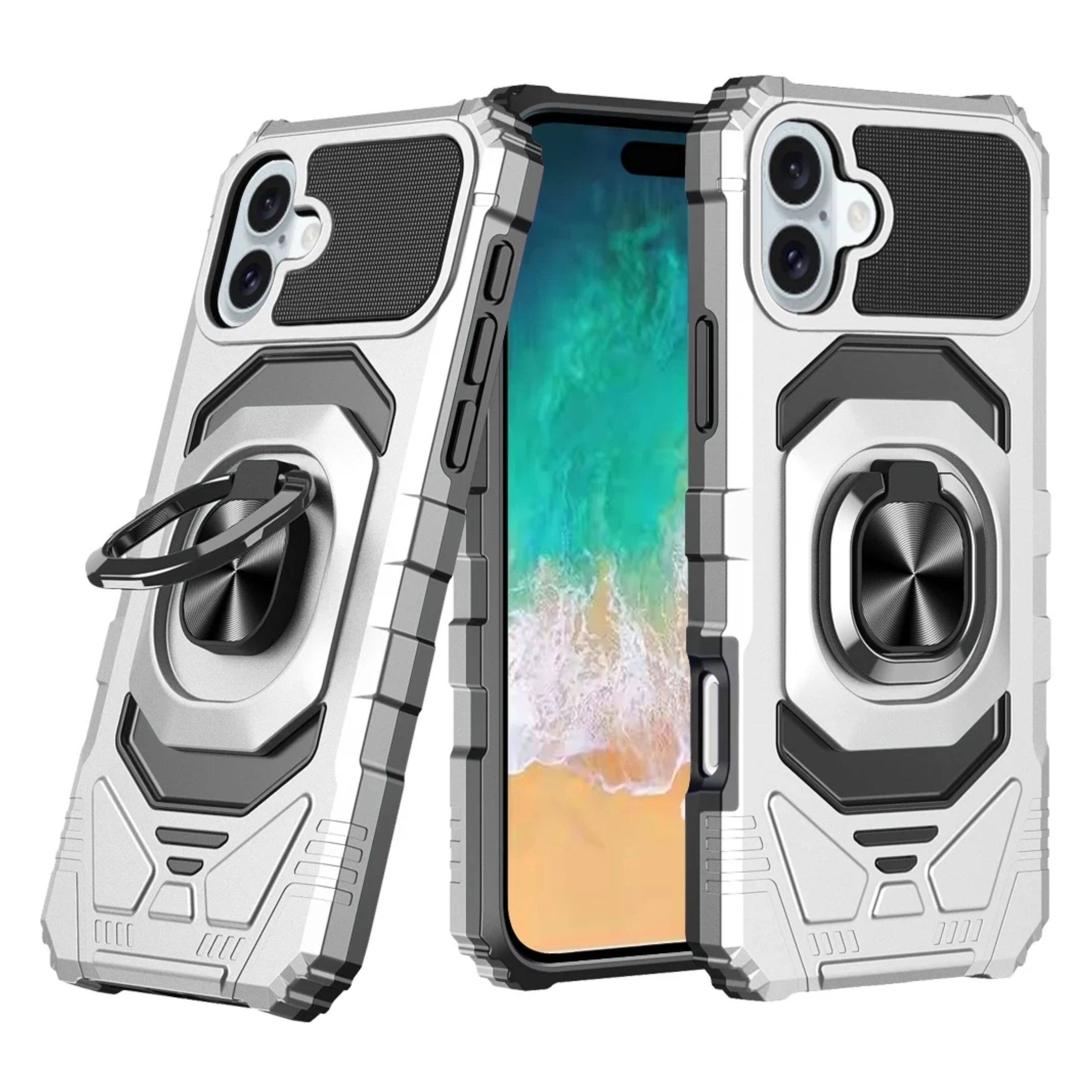 Kitcheniva - Dual Layer Magnetic Ring Stand Phone Case With Tempered Glass For iPhone 16 Plus - Silver price history on PriceWatchPro