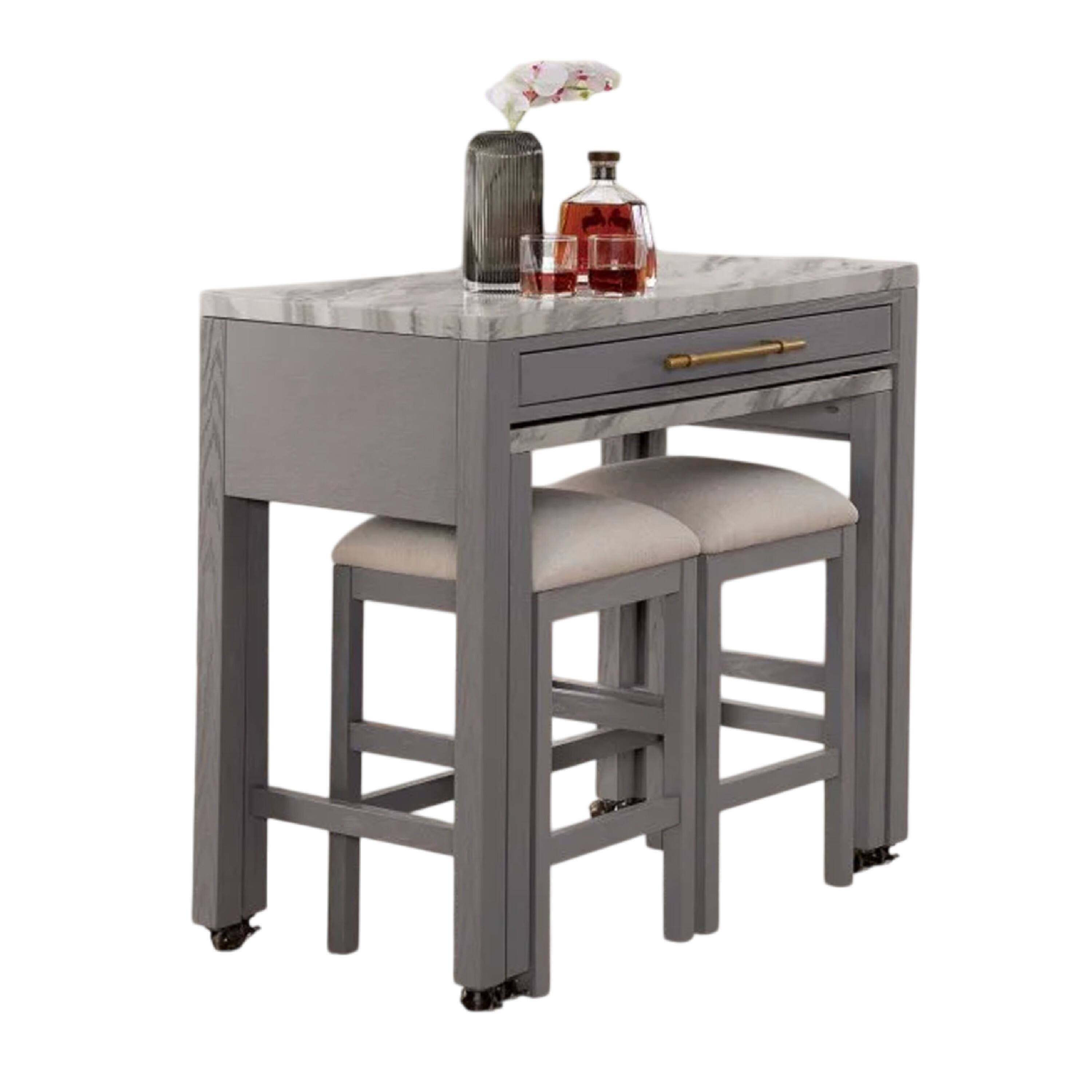 Alt View 1. Manhattan Lane - Helly 3pc Counter Height Table and 2 Stool Set, Gray Faux Marble Top - White, Gray, Beige, Bronze.