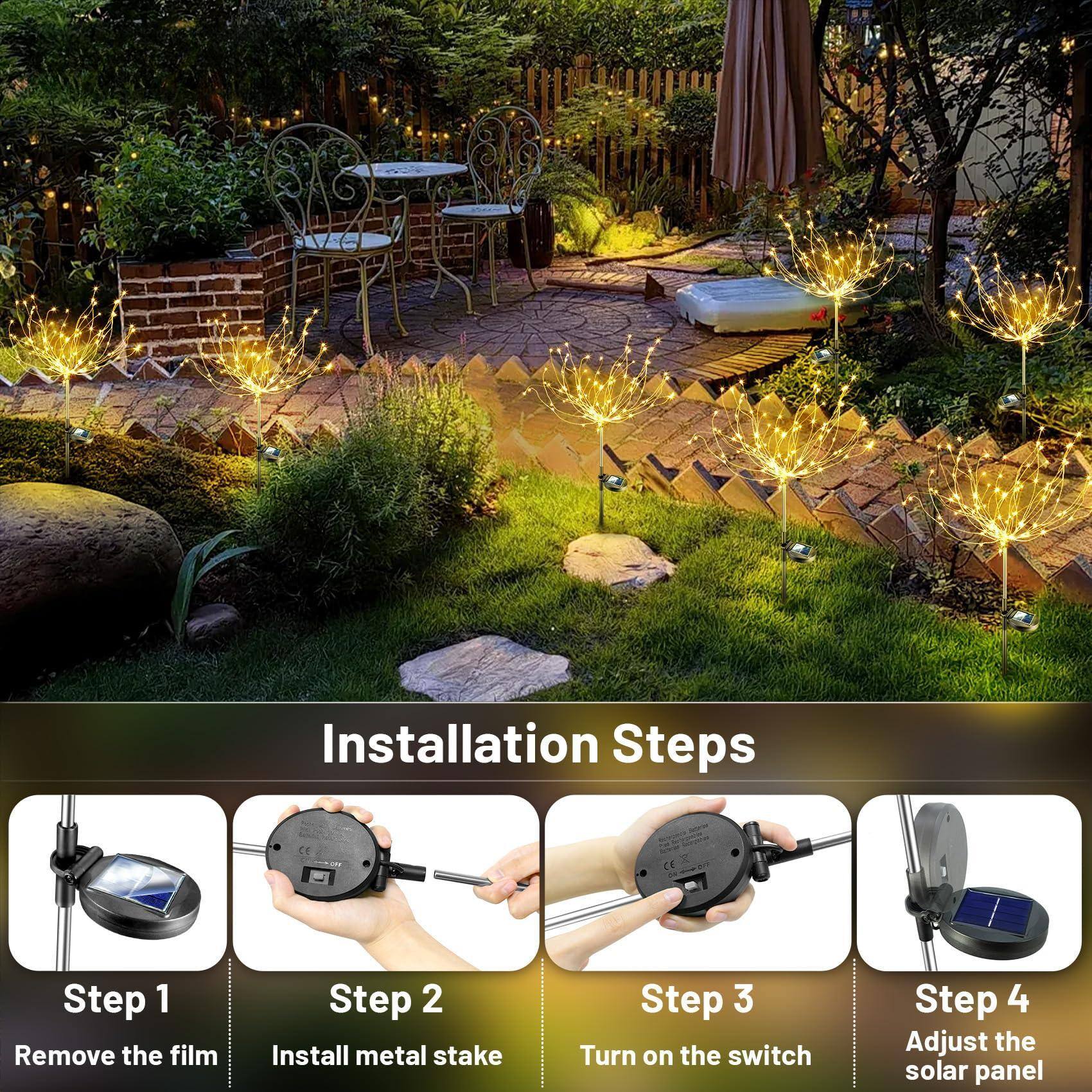 Installation Steps

Step 1: Remove the film

Step 2: Install metal stake

Step 3: Turn on the switch

Step 4: Adjust the solar panel