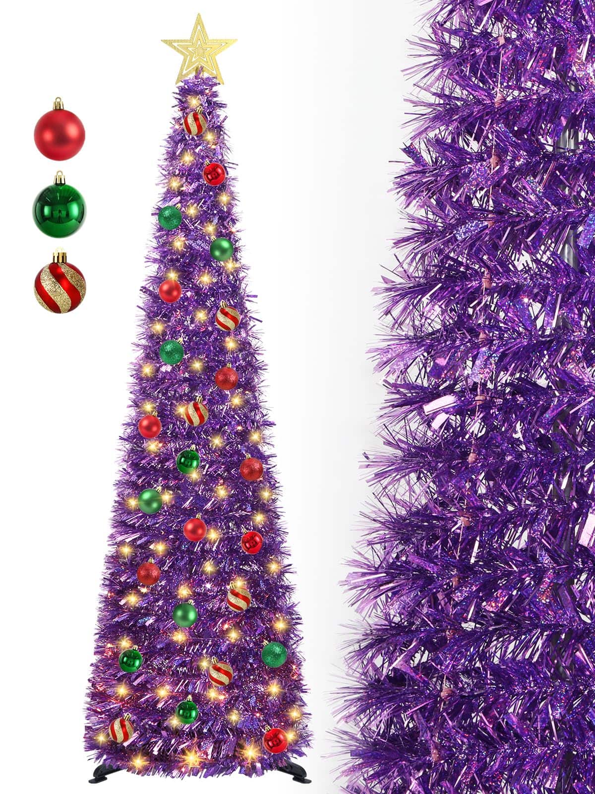 Skar Audio - Pop Up Christmas Tree With 100 Led Timer Lights & Remote Collapsible Tinsel Artificial Pencil - Holographic Purple 5ft