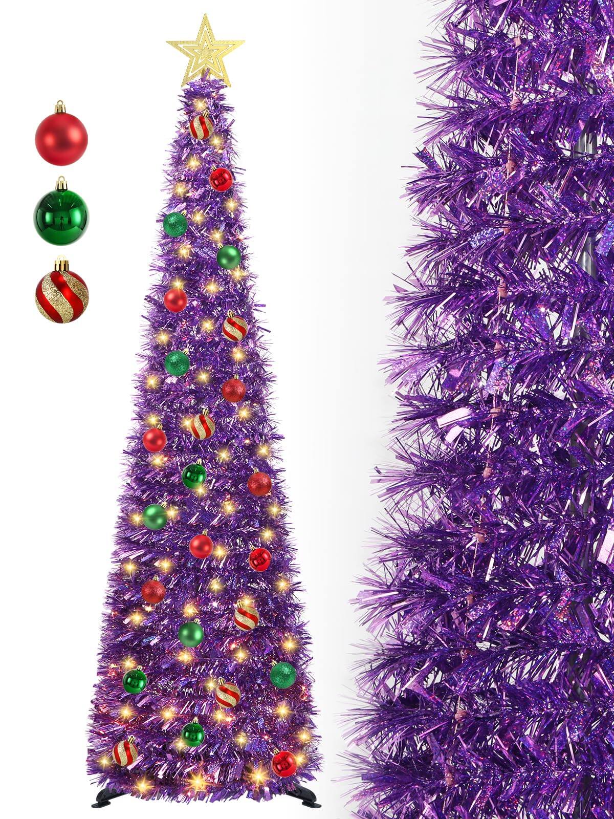 Skar Audio - Pop Up Christmas Tree With 100 Led Timer Lights & Remote Collapsible Tinsel Artificial Pencil - Holographic Purple 5ft