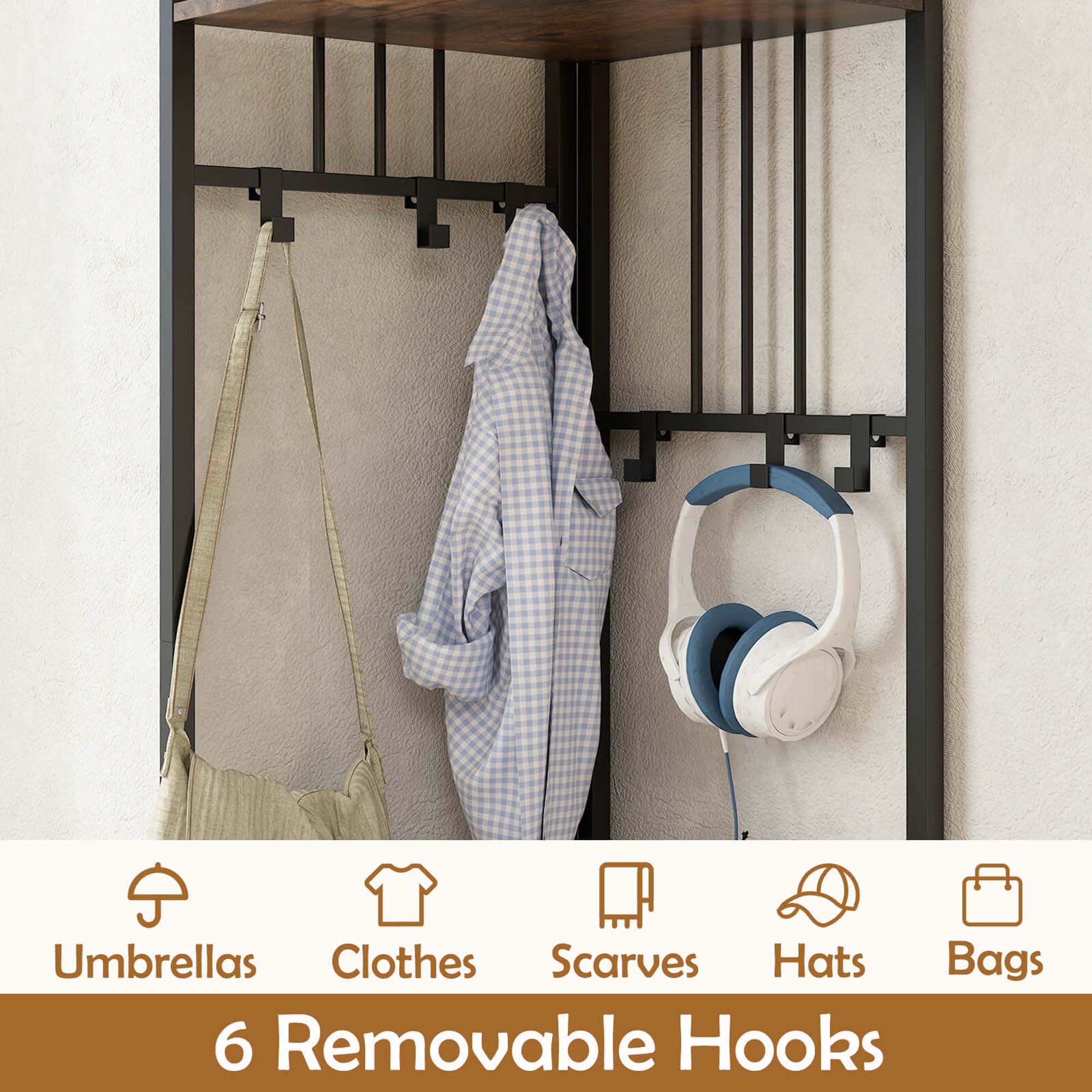 Umbrellas, Clothes, Scarves, Hats, Bags, 6 Removable Hooks