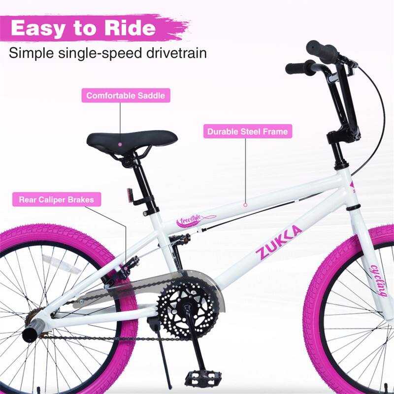 Easy to Ride  
Simple single-speed drivetrain  
Comfortable Saddle  
Durable Steel Frame  
Rear Caliper Brakes  
freestyle ZUKKA cycling